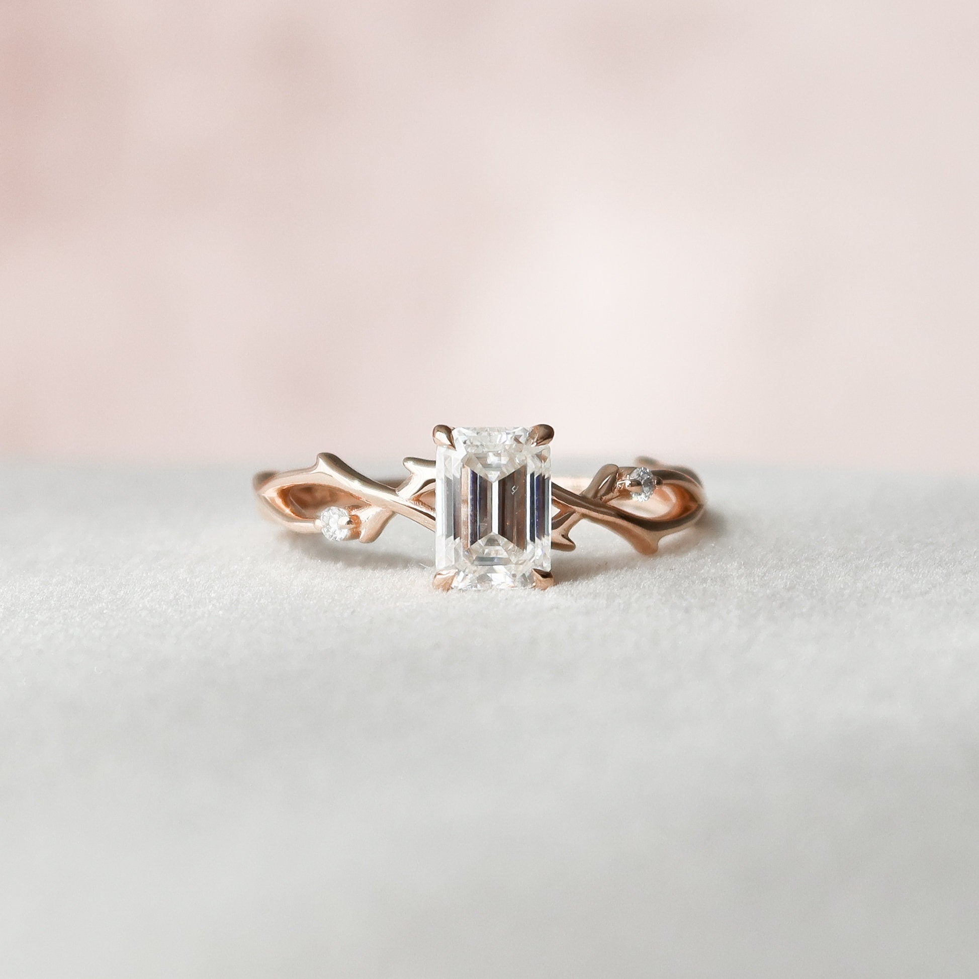 1.0 CT Emerald Cut Twig Nature Inspired Moissanite Engagement Ring