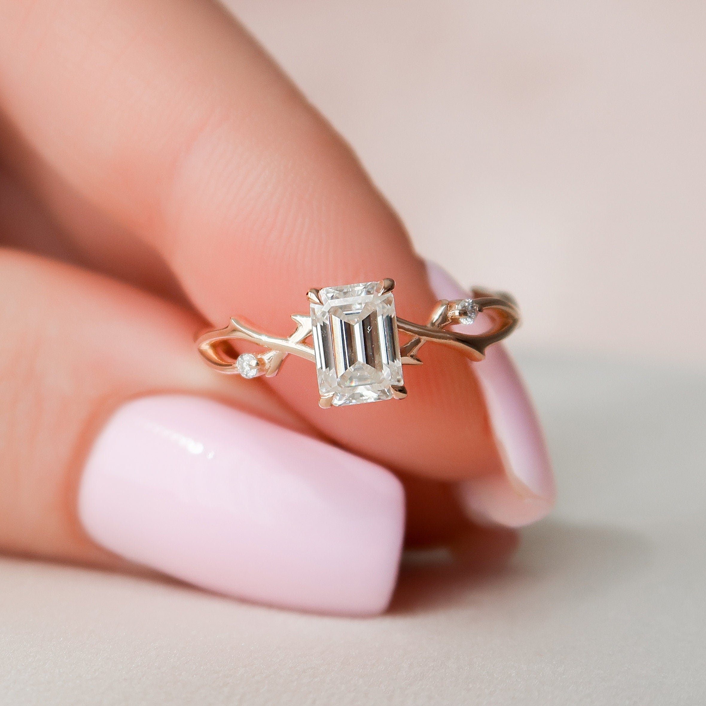 1.0 CT Emerald Cut Twig Nature Inspired Moissanite Engagement Ring