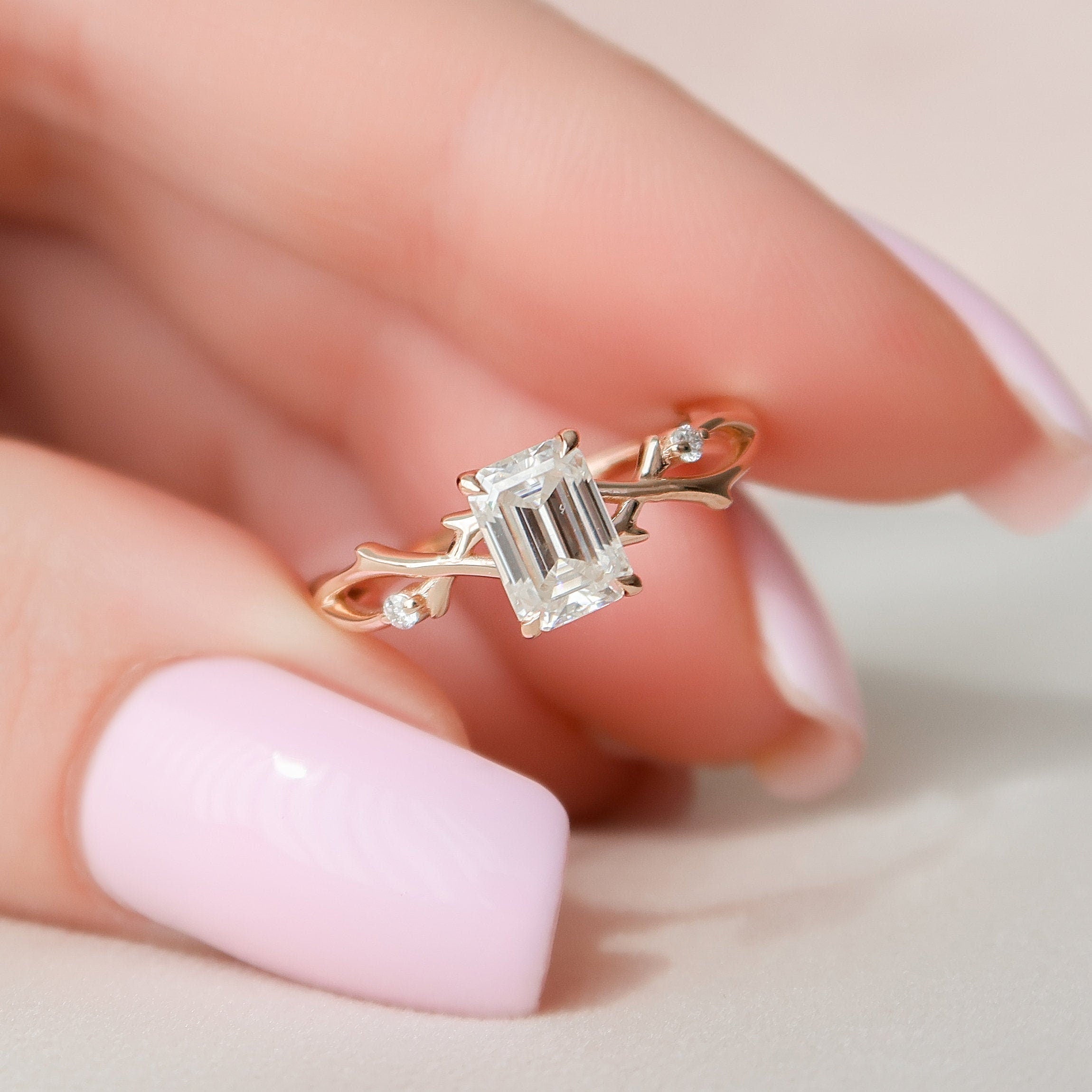 1.0 CT Emerald Cut Twig Nature Inspired Moissanite Engagement Ring