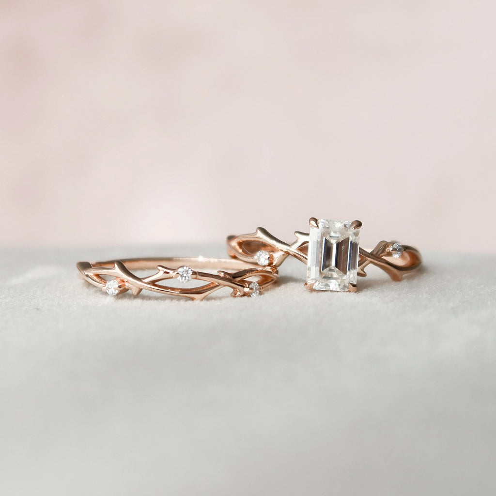 1.0CT Emerald Cut Moissanite Twig Style Bridal Ring Set