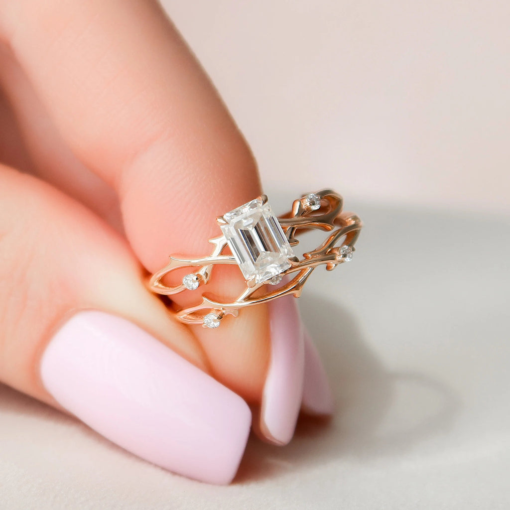 1.0CT Emerald Cut Moissanite Twig Style Bridal Ring Set