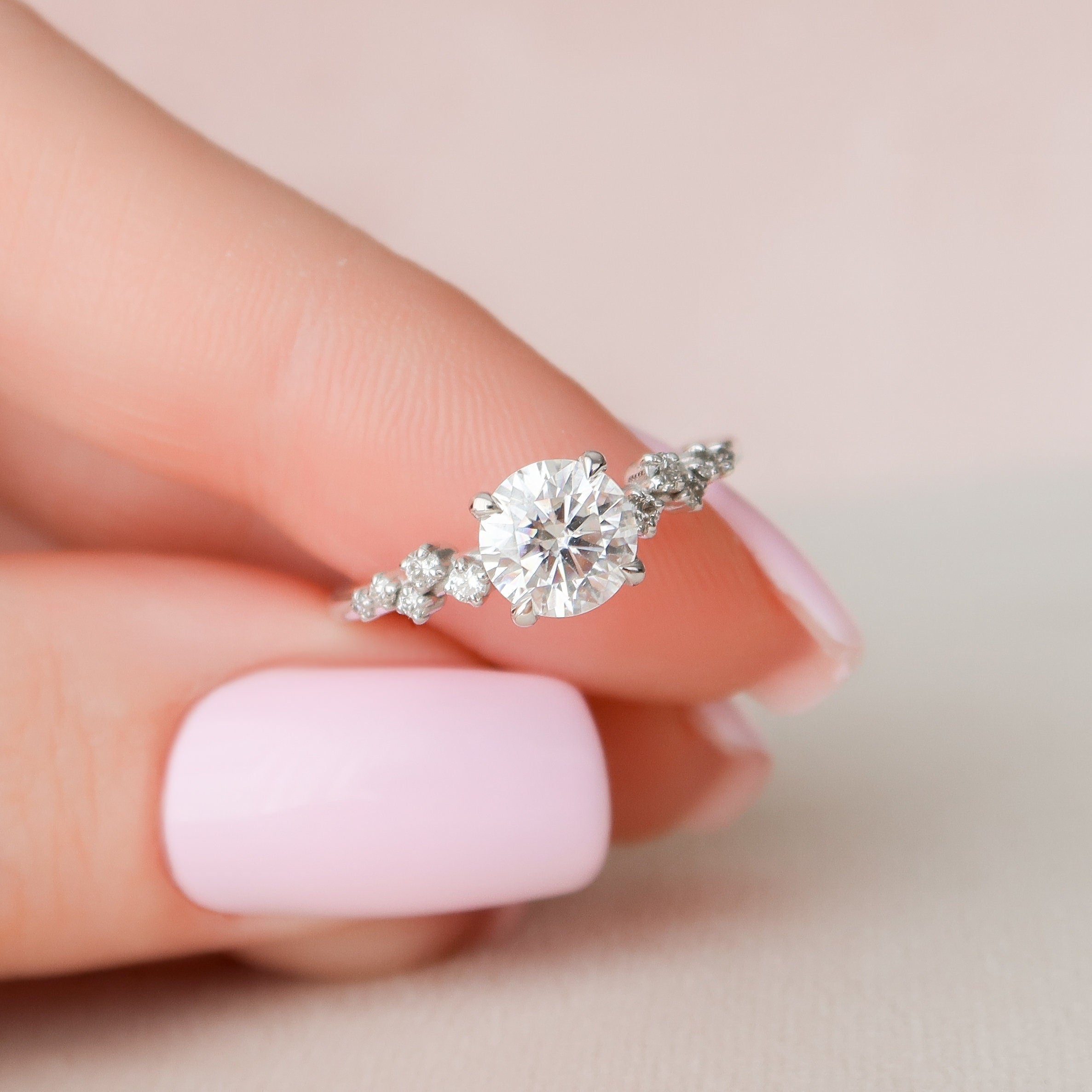 1.0 CT Round Cut Moissanite Cluster Style Engagement Ring
