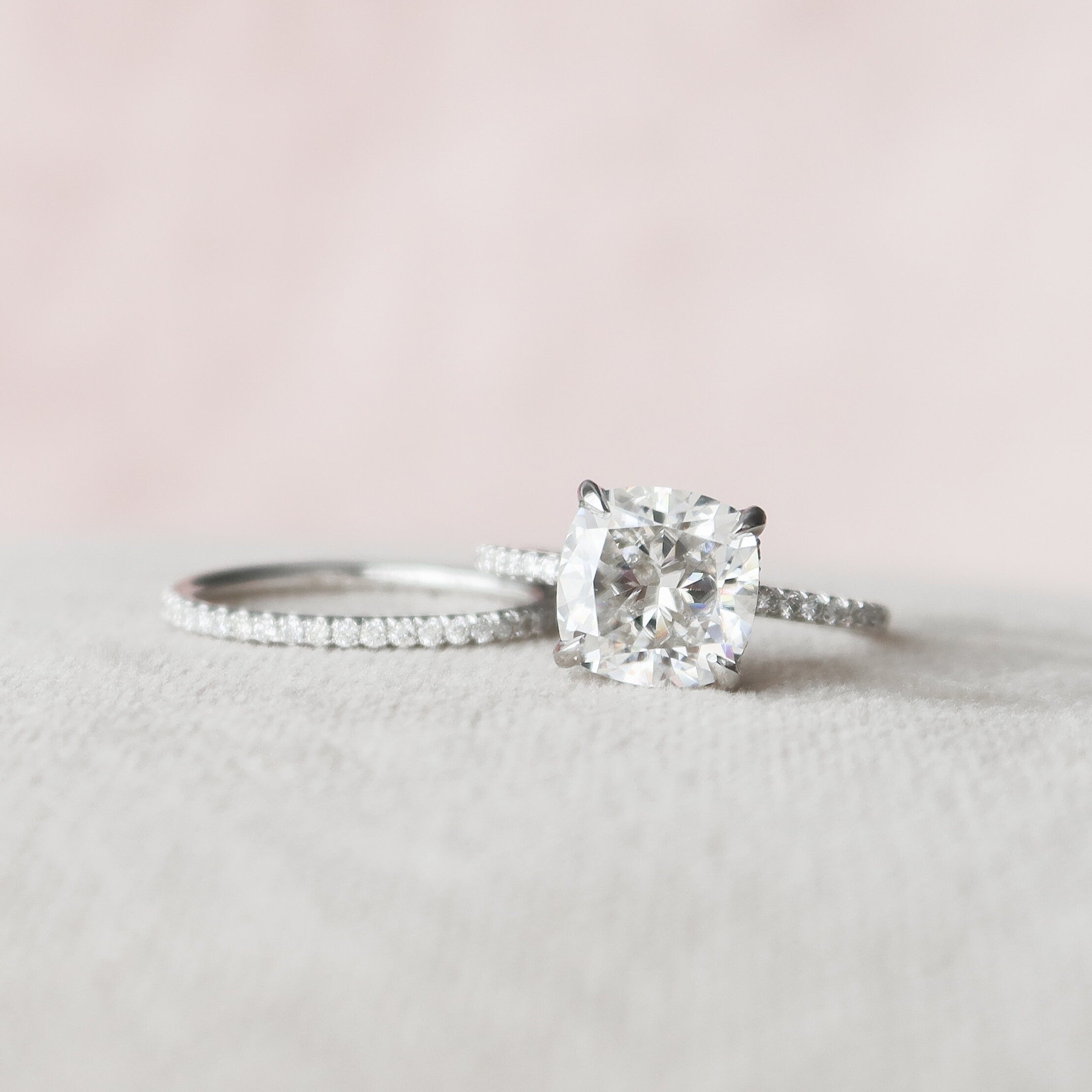 2.50CT Cushion Cut Moissanite Pave Bridal Ring Set