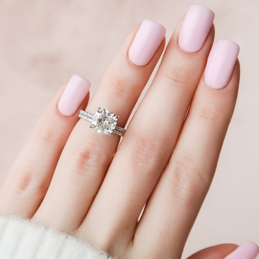 2.50CT Cushion Cut Moissanite Pave Bridal Ring Set