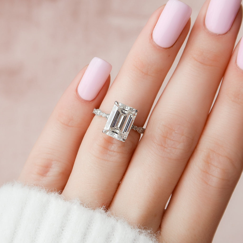 5.0 CT Emerald Cut Moissanite Pave Engagement Ring
