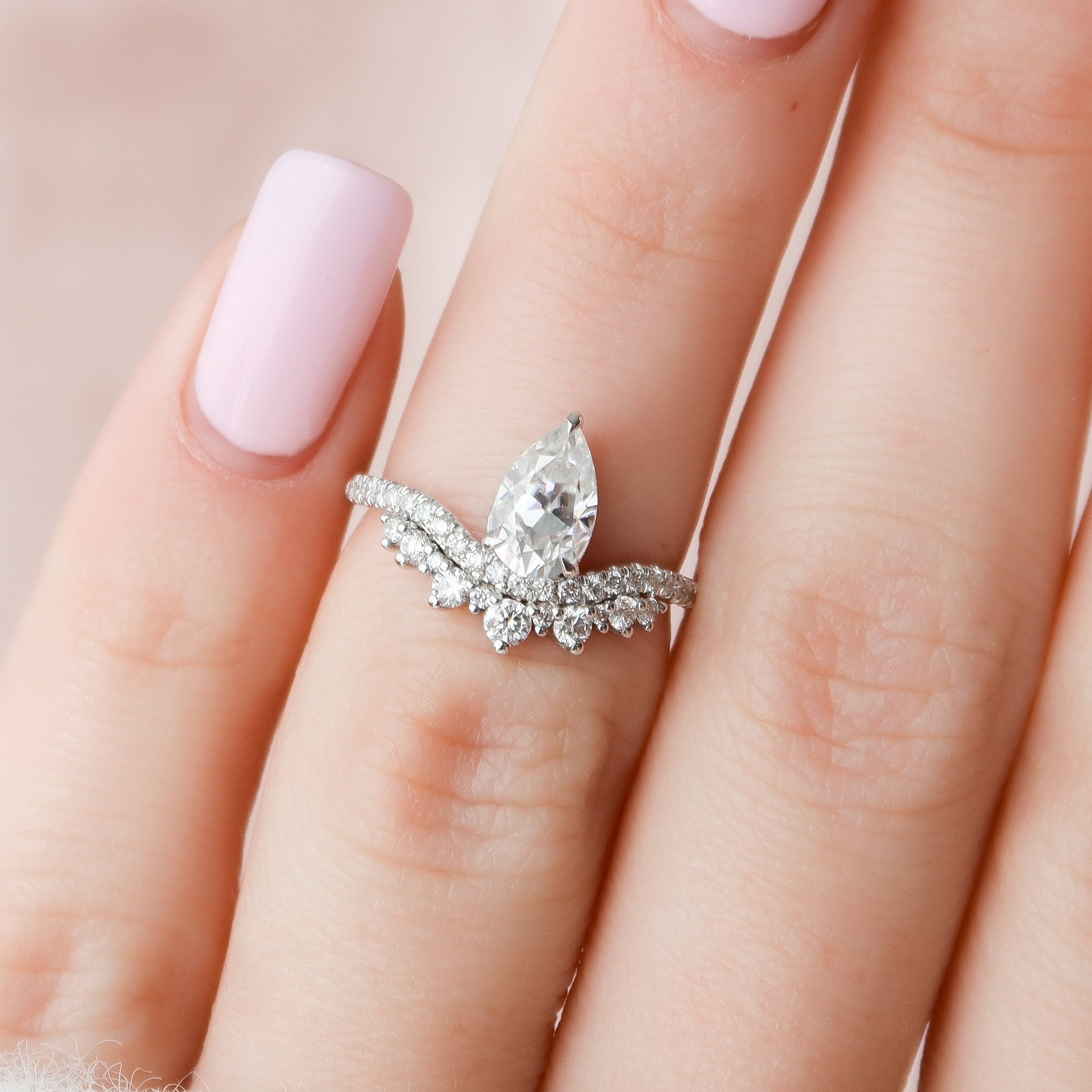 0.95 CT Cluster Pear Cut Moissanite Engagement Ring