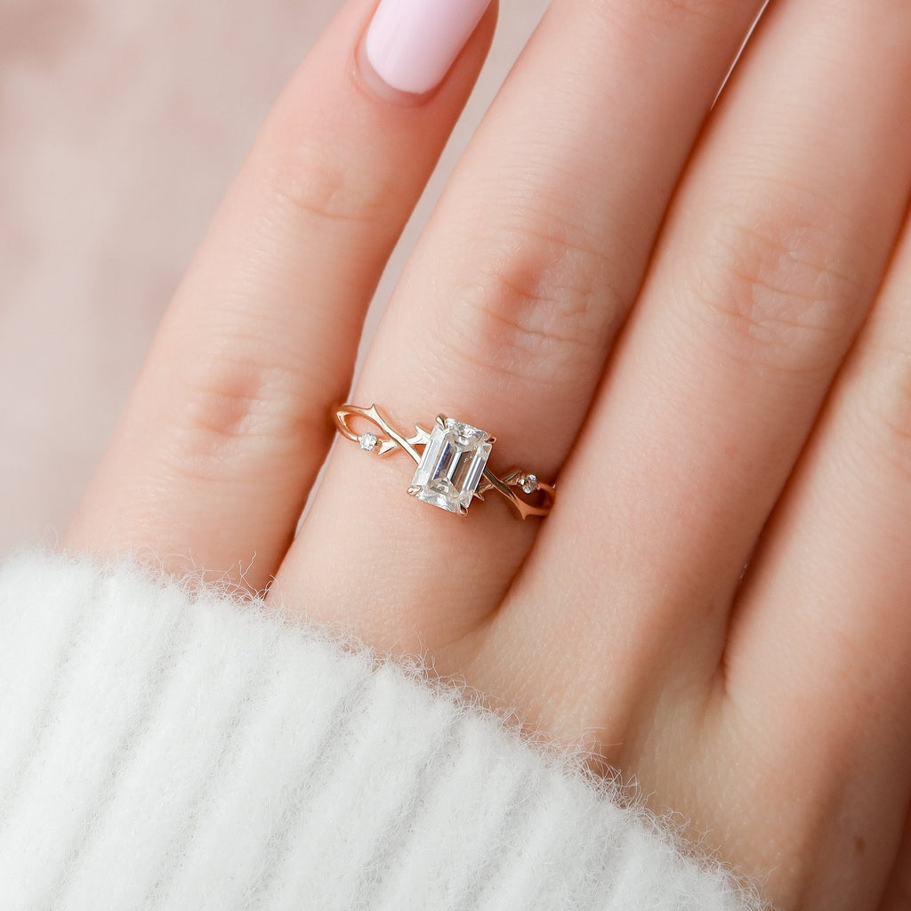 1.0 CT Emerald Cut Twig Nature Inspired Moissanite Engagement Ring