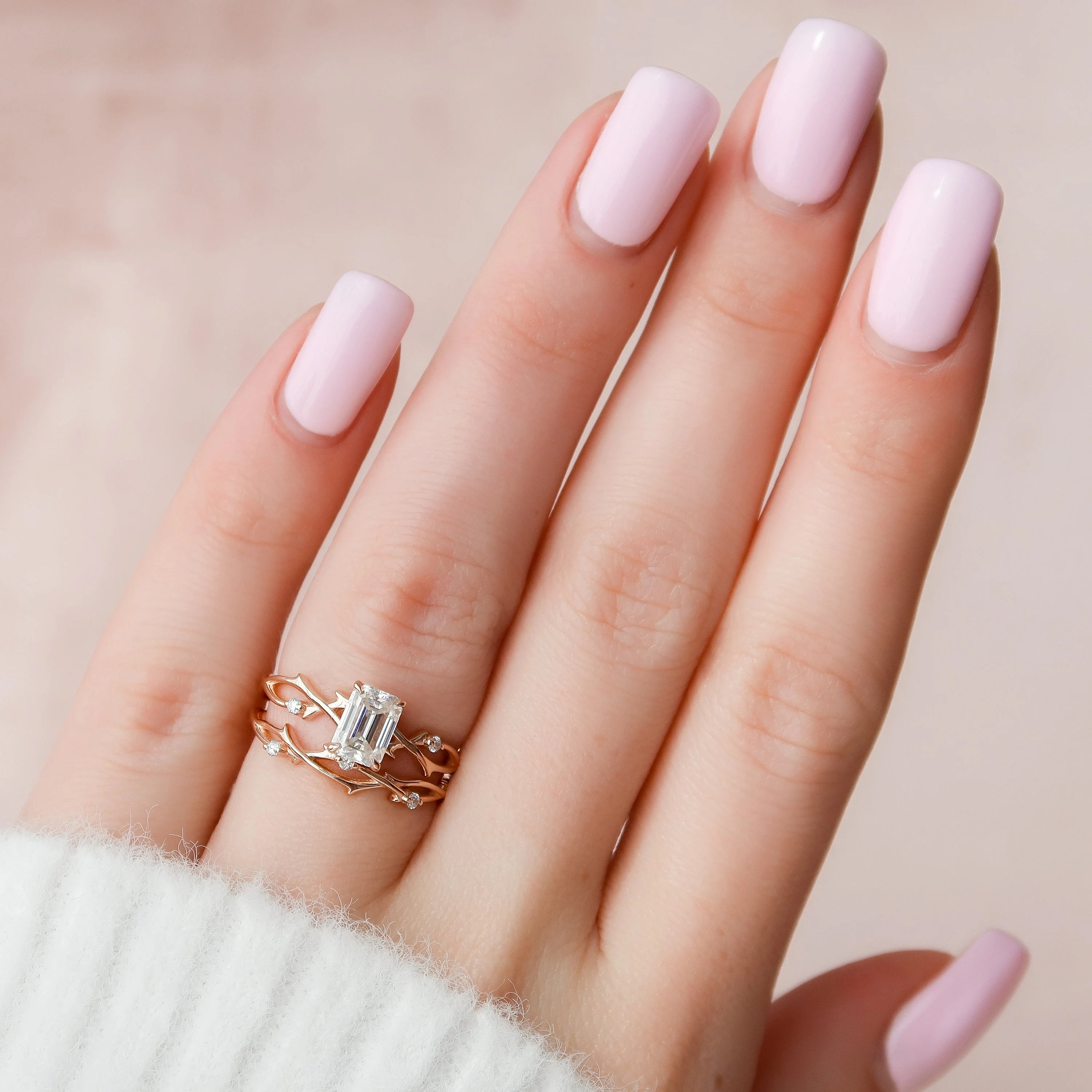 1.0CT Emerald Cut Moissanite Twig Style Bridal Ring Set
