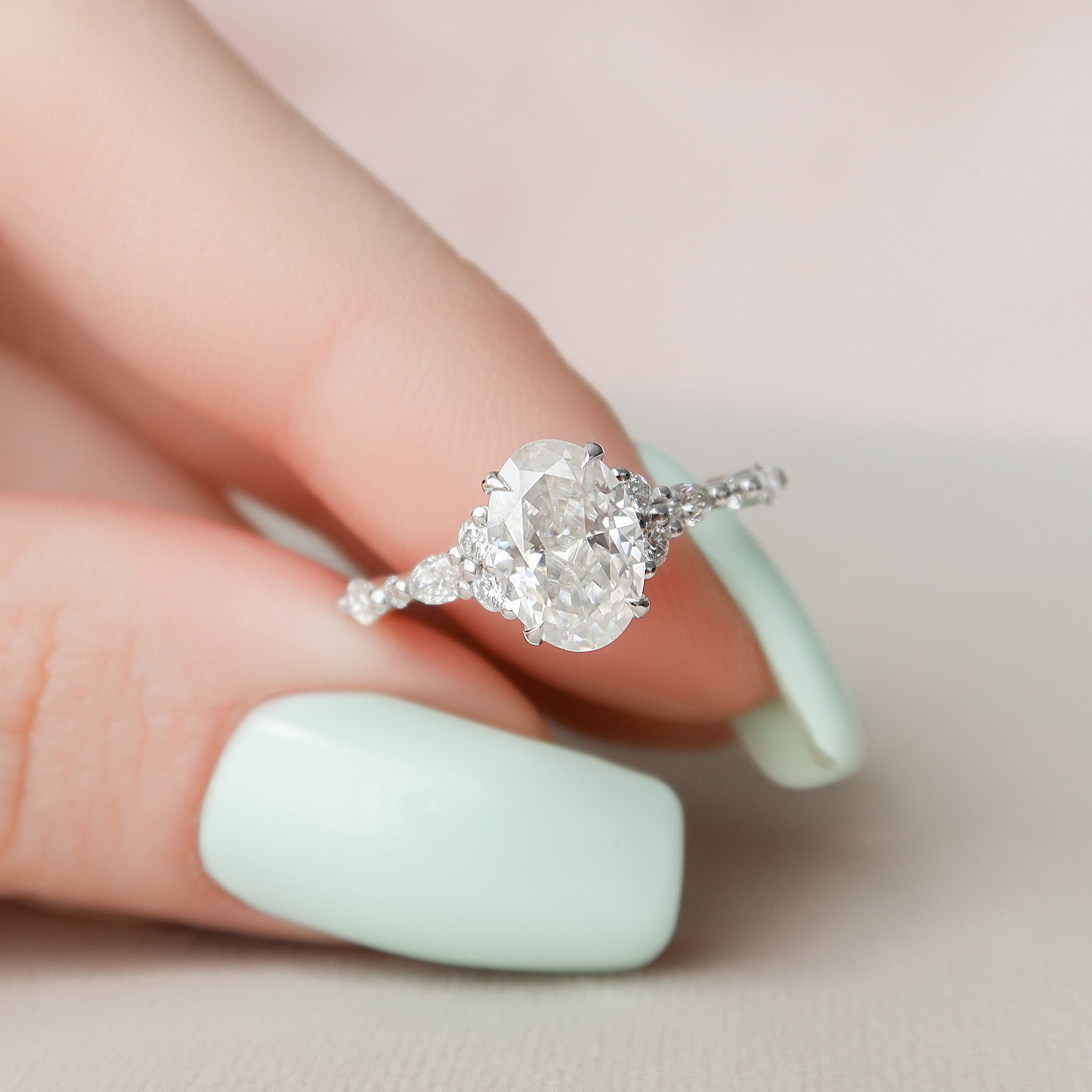 1.50 CT Oval Cut Moissanite Cluster Style Engagement Ring