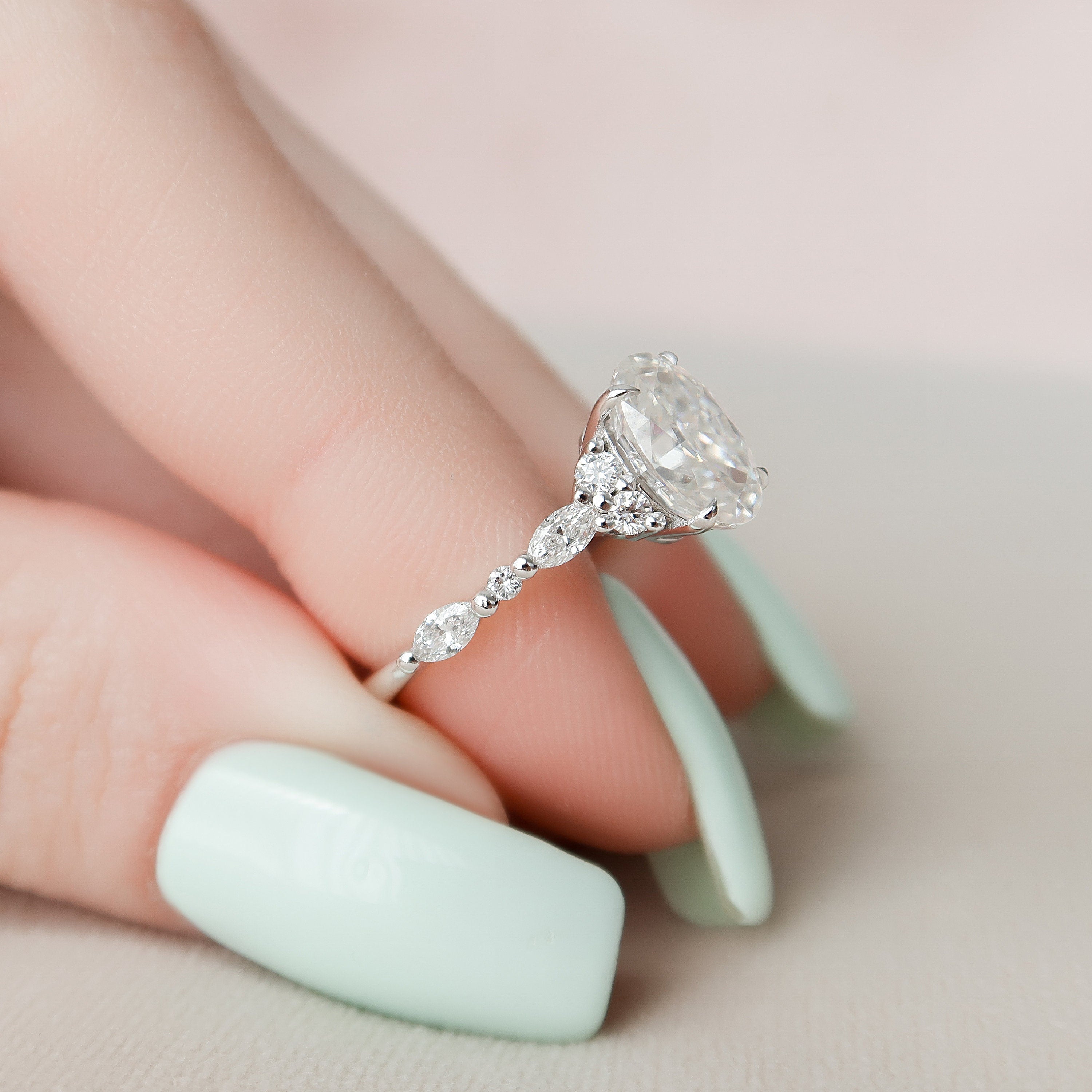 1.50 CT Oval Cut Moissanite Cluster Style Engagement Ring