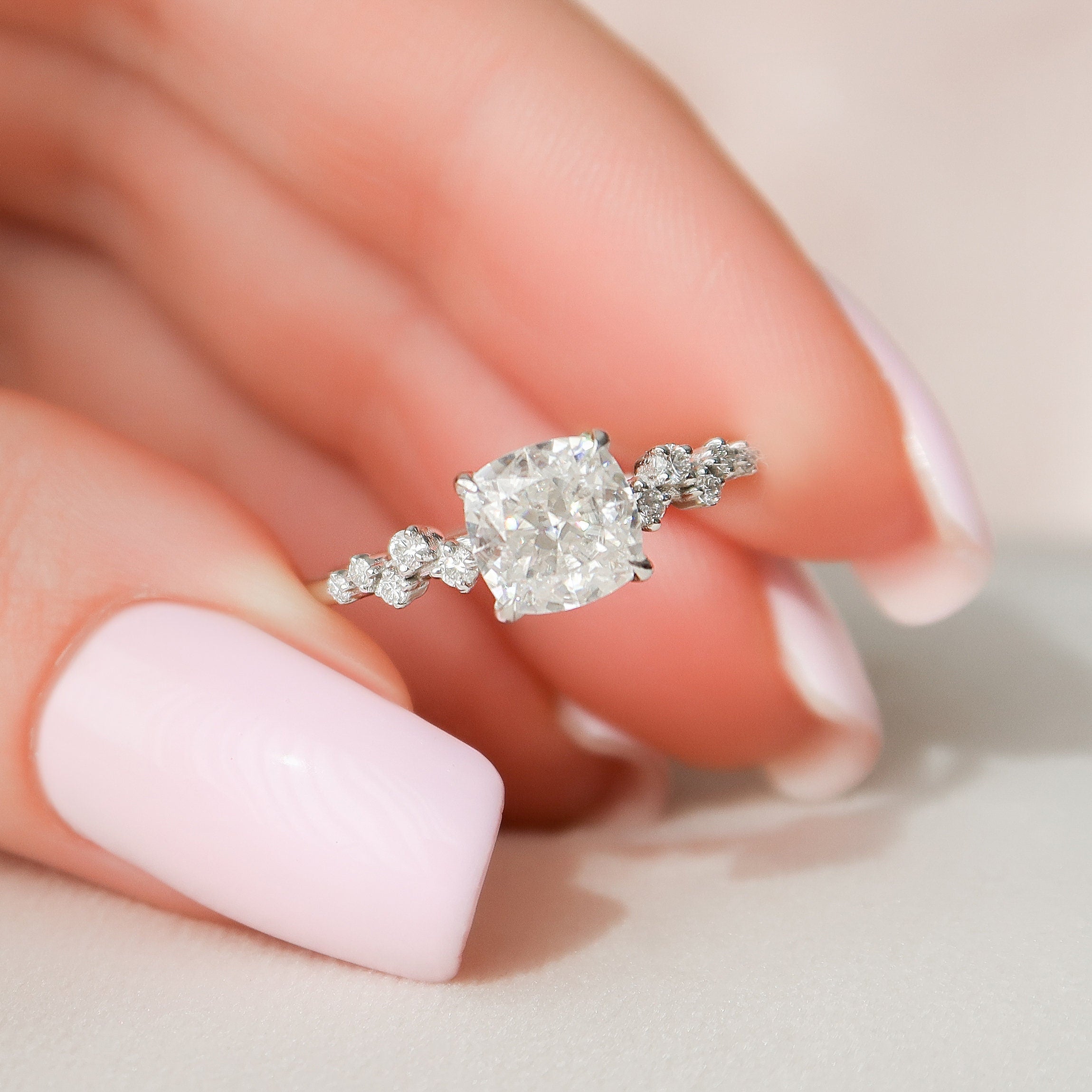 1.50 - 3.50 CT Cushion Cut Moissanite Cluster Engagement Ring