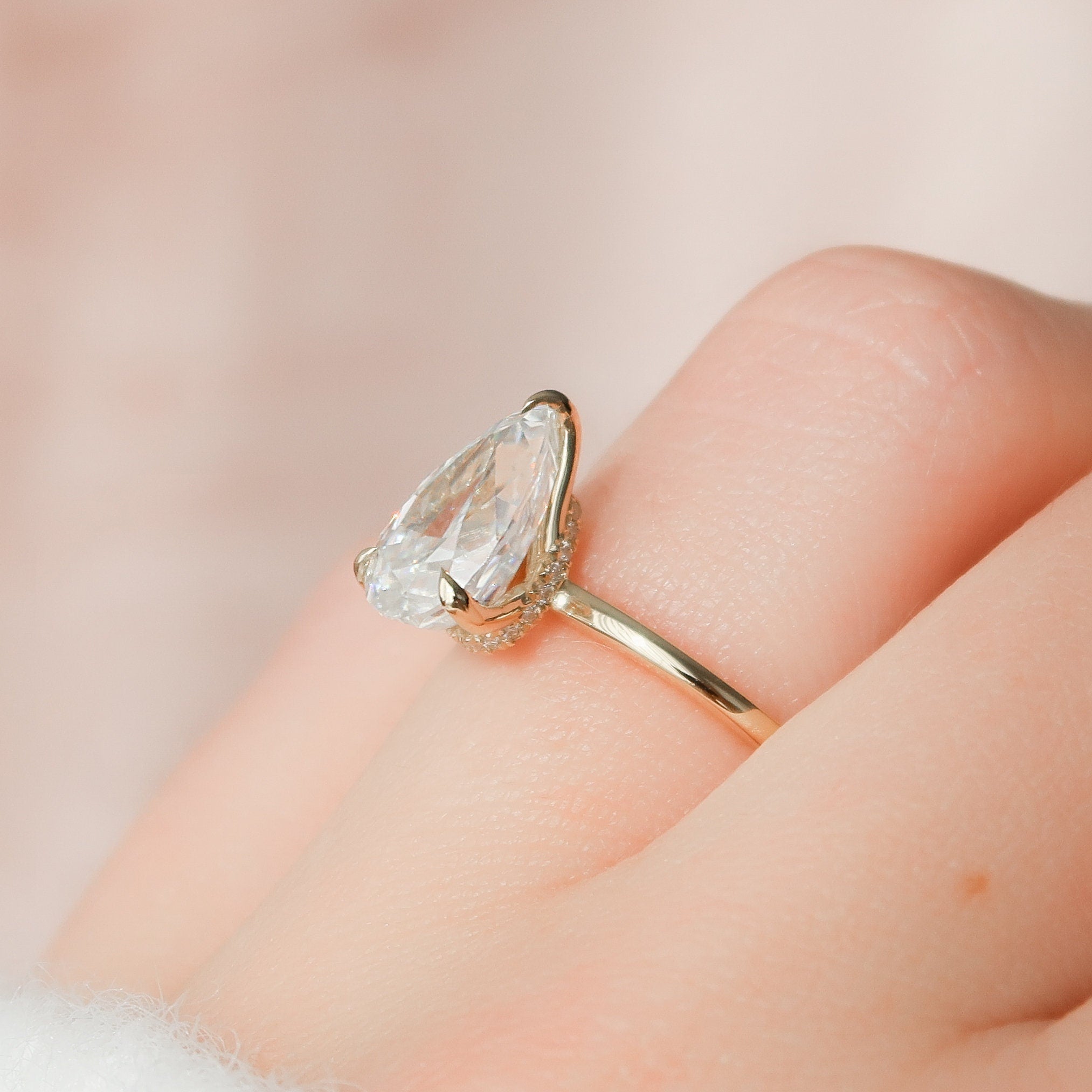 2.0 CT Pear Moissanite Engagement Ring With Hidden Halo Setting