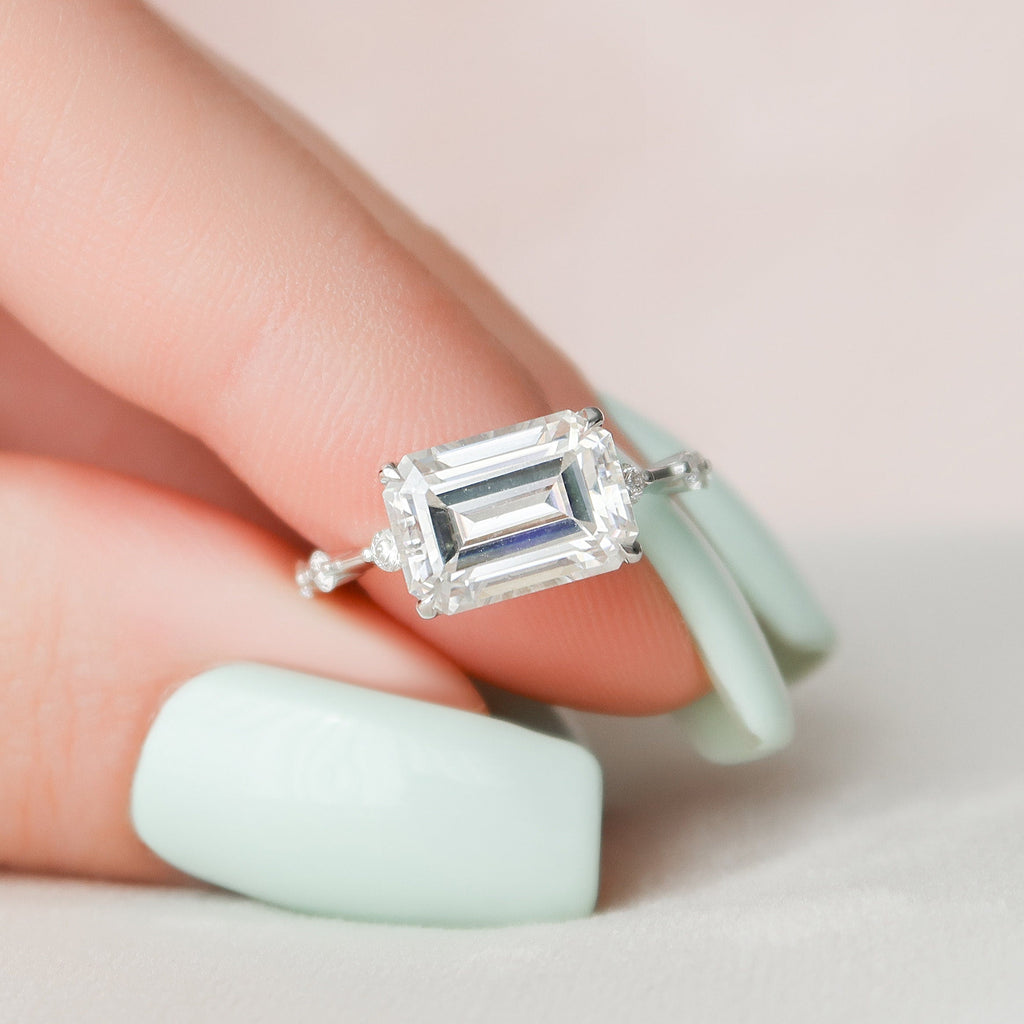 3.0 CT East-West Emerald Moissanite Dainty Style Engagement Ring