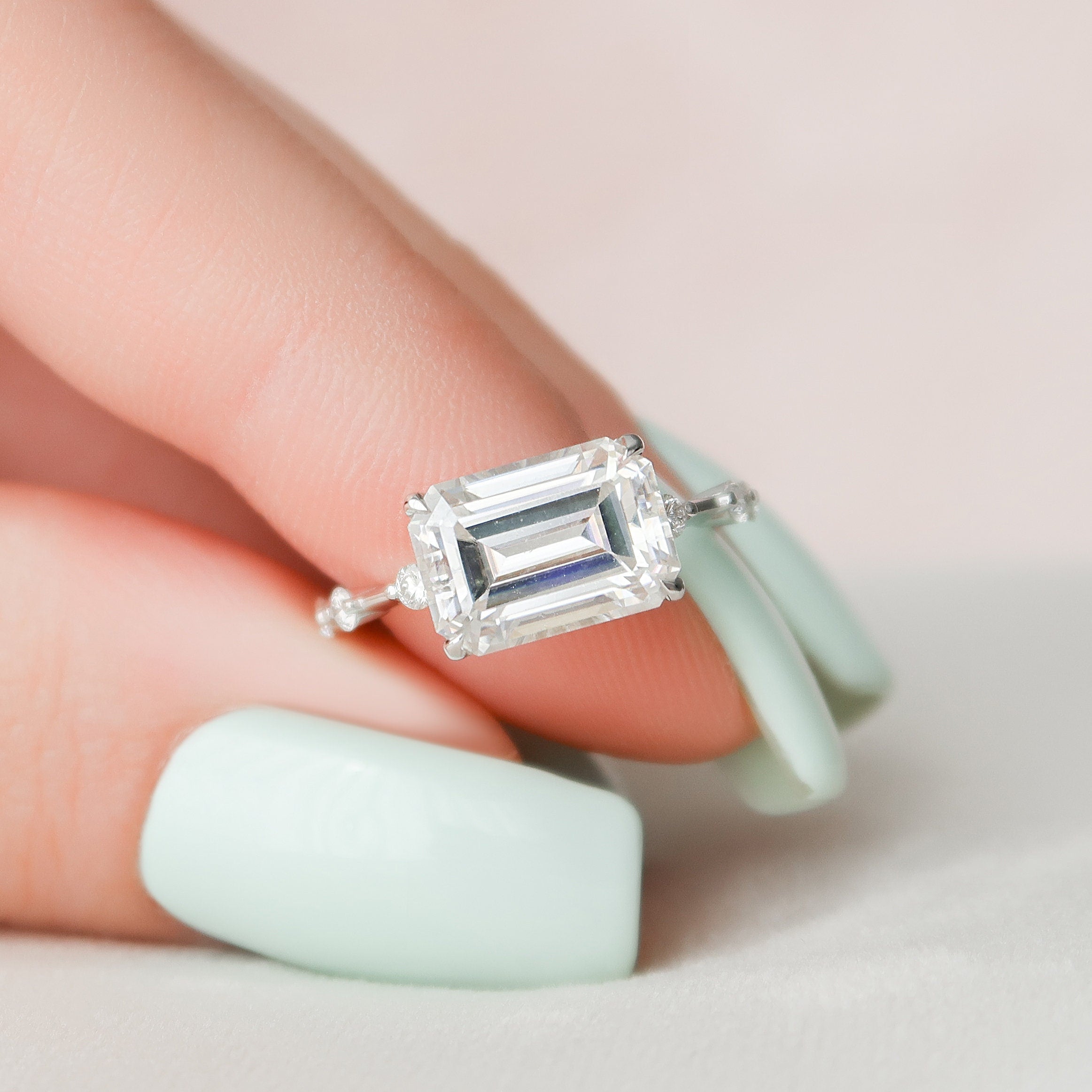 3.0 CT East-West Emerald Moissanite Dainty Style Engagement Ring