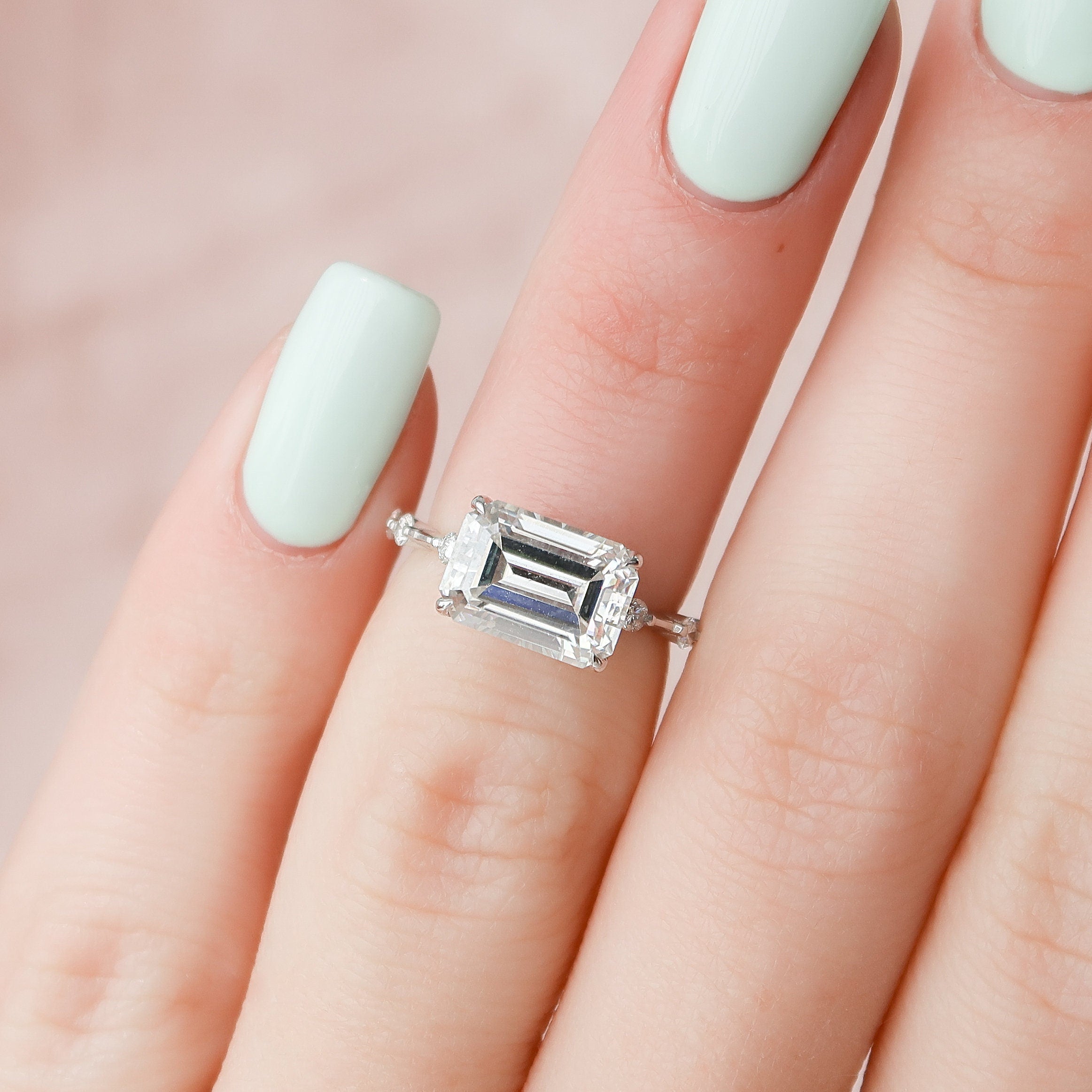 3.0 CT East-West Emerald Moissanite Dainty Style Engagement Ring