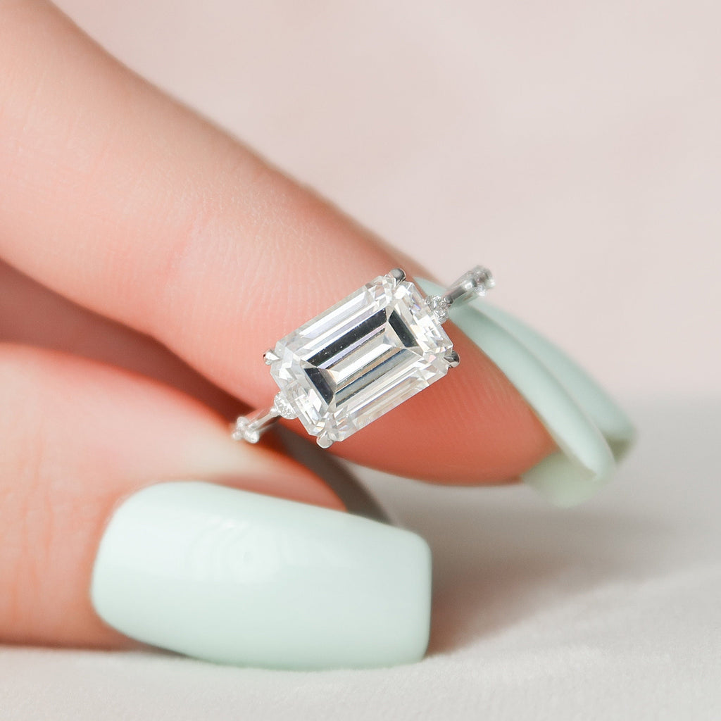 3.0 CT East-West Emerald Moissanite Dainty Style Engagement Ring