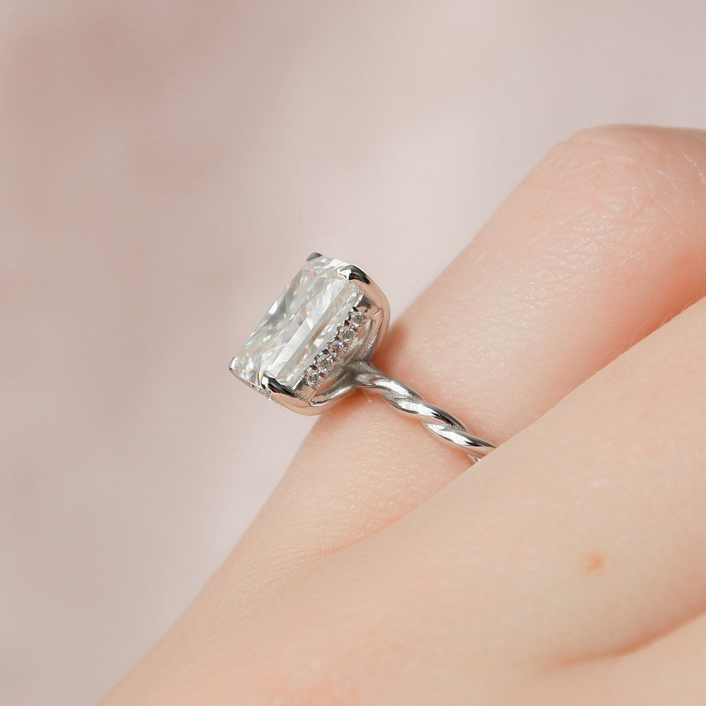 2.50 CT Radiant Moissanite Hidden Halo Twisted Engagement Ring