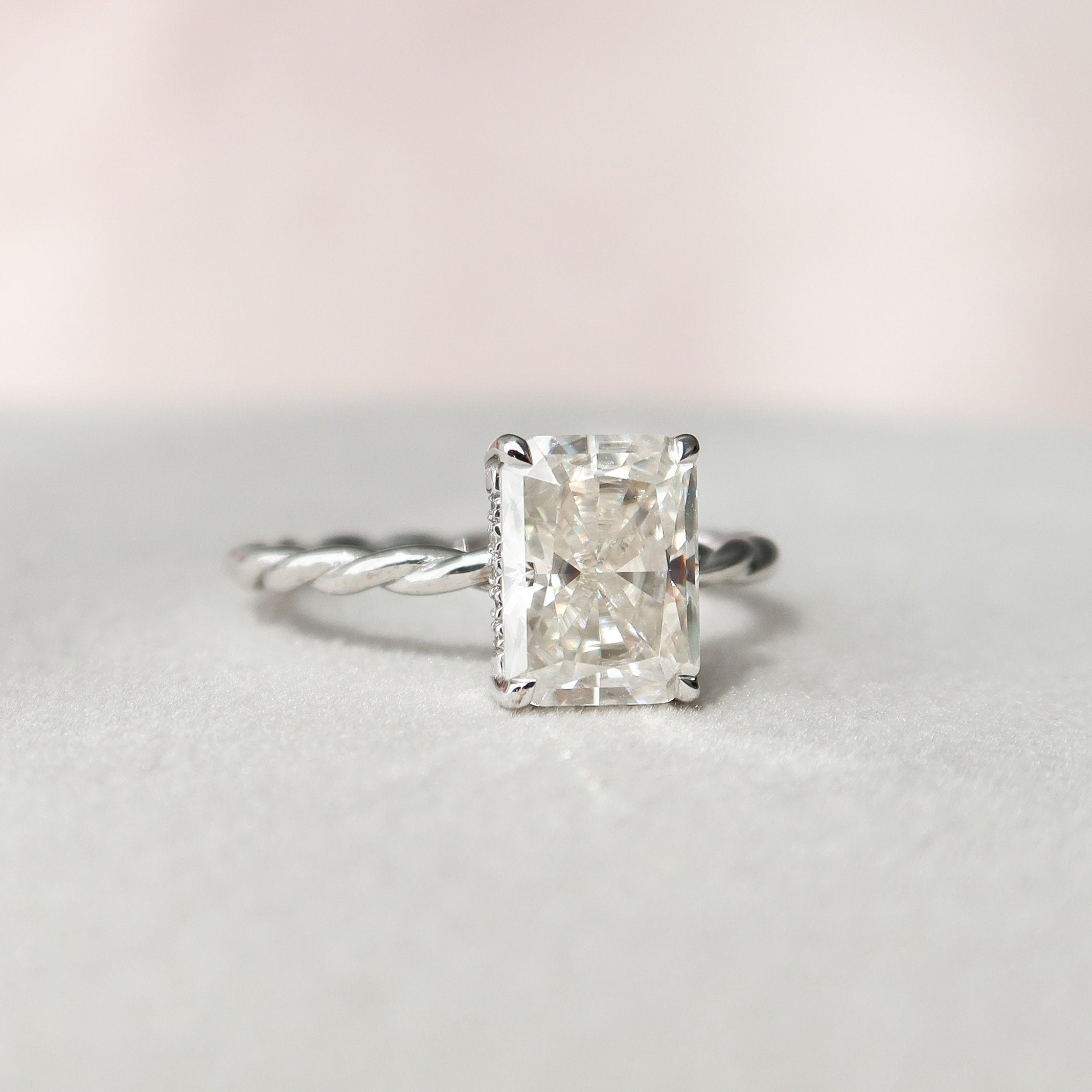 2.50 CT Radiant Moissanite Hidden Halo Twisted Engagement Ring