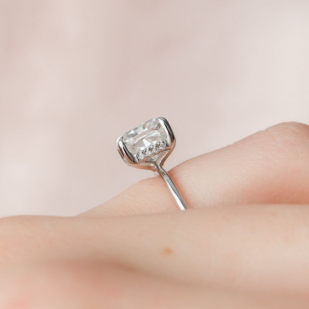 3.0CT Cushion Moissanite Solitaire Hidden Halo Engagement Ring