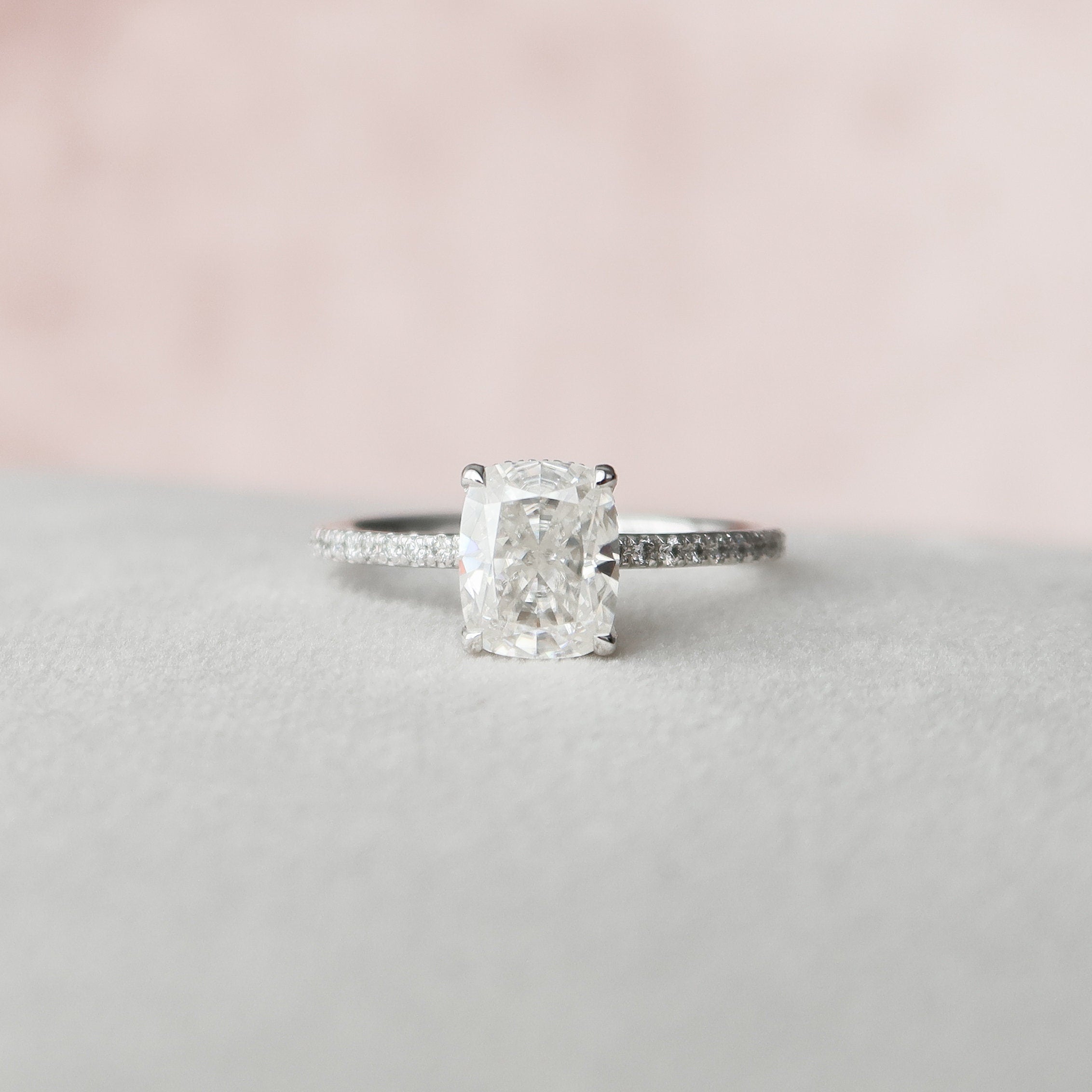 2.0 CT Elongated Cushion Cut Moissanite Hidden Halo & pave Engagement Ring