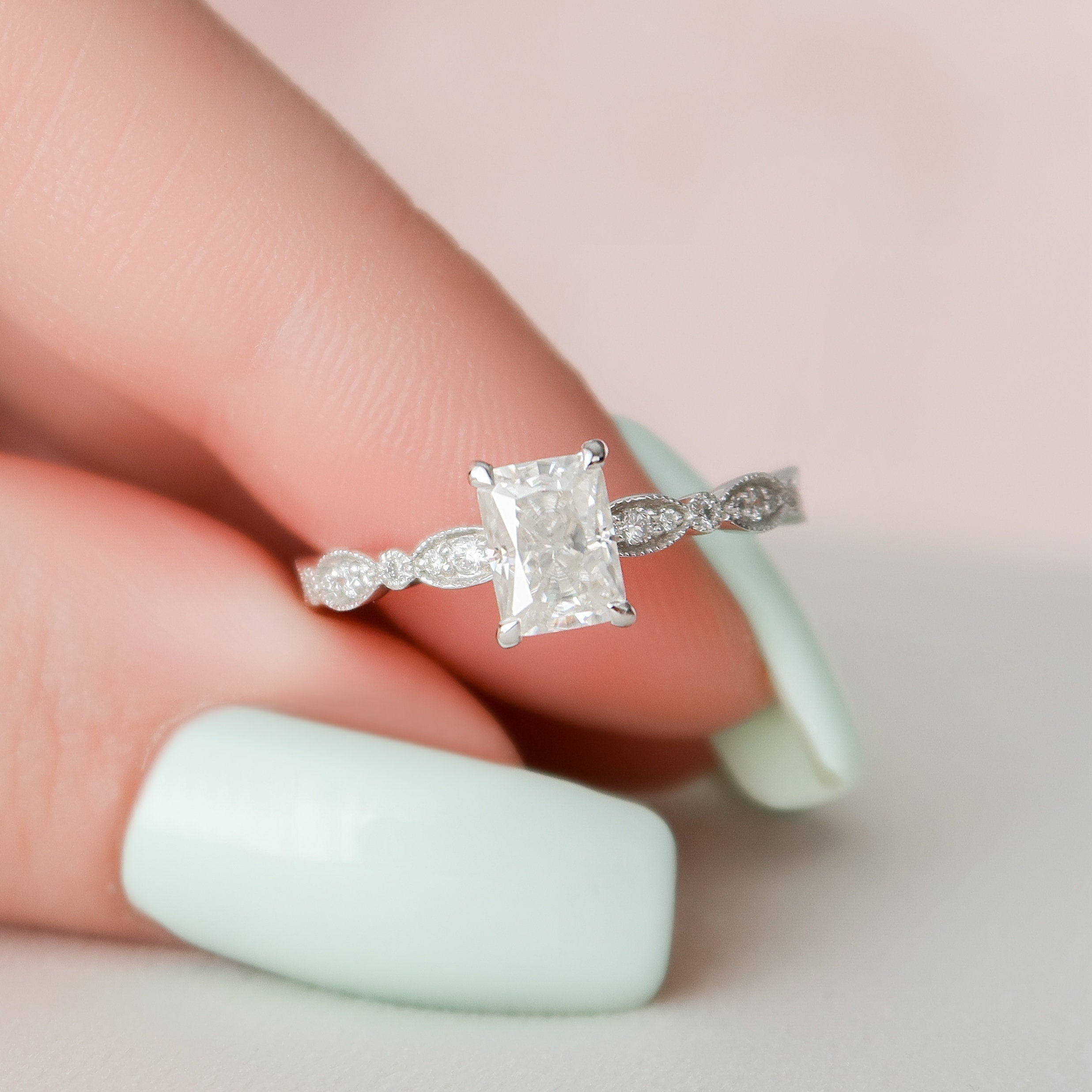 1.0 CT Radiant Cut Moissanite Vintage Engagement Ring
