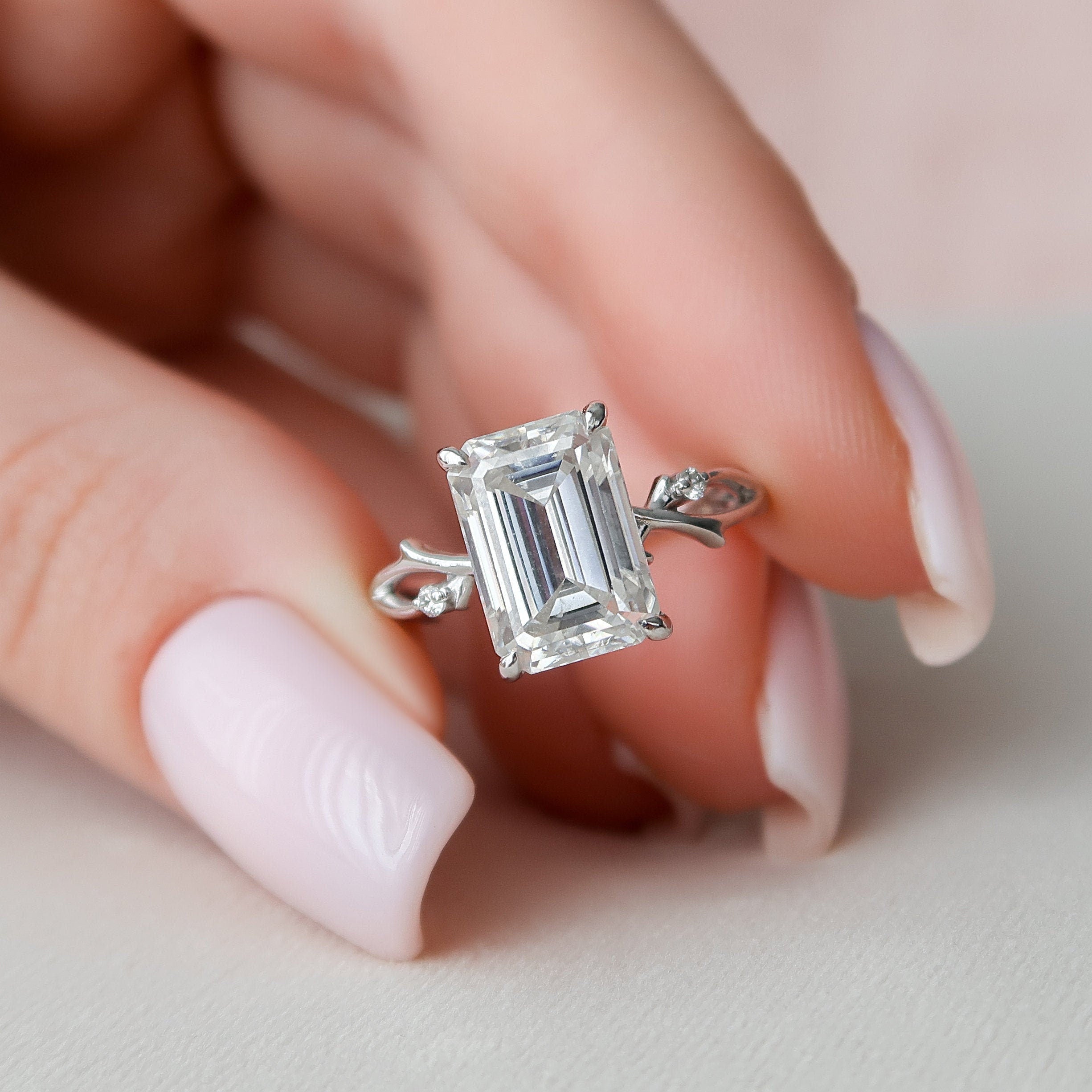 4.0 CT Emerald Cut Moissanite Nature inspire Style Engagement Ring