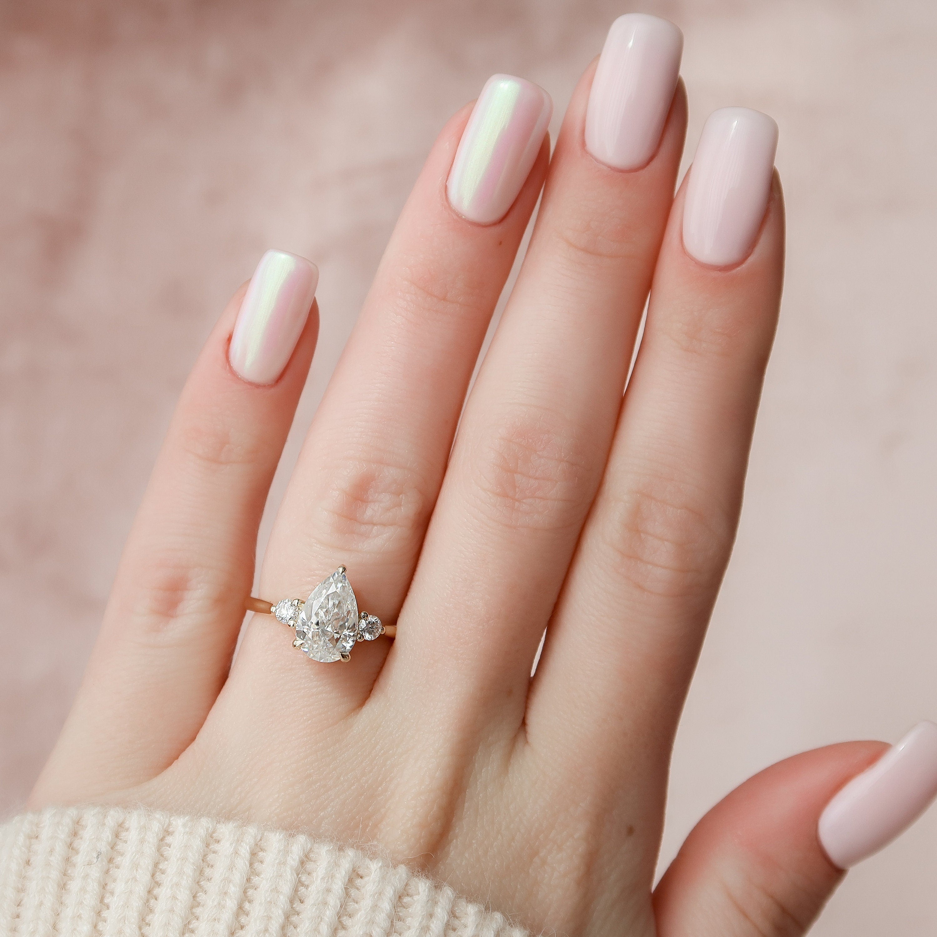 2.0 CT Pear Cut Moissanite Three Stone Engagement Ring