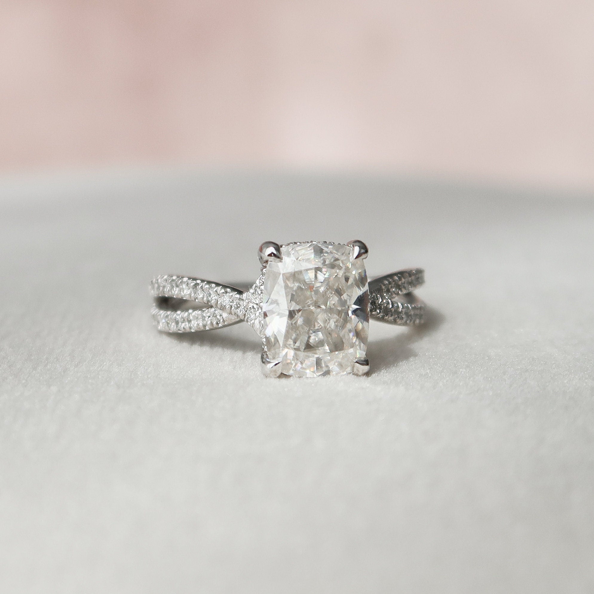 2.0 CT Cushion Cut Moissanite Split Shank Style Engagement Ring