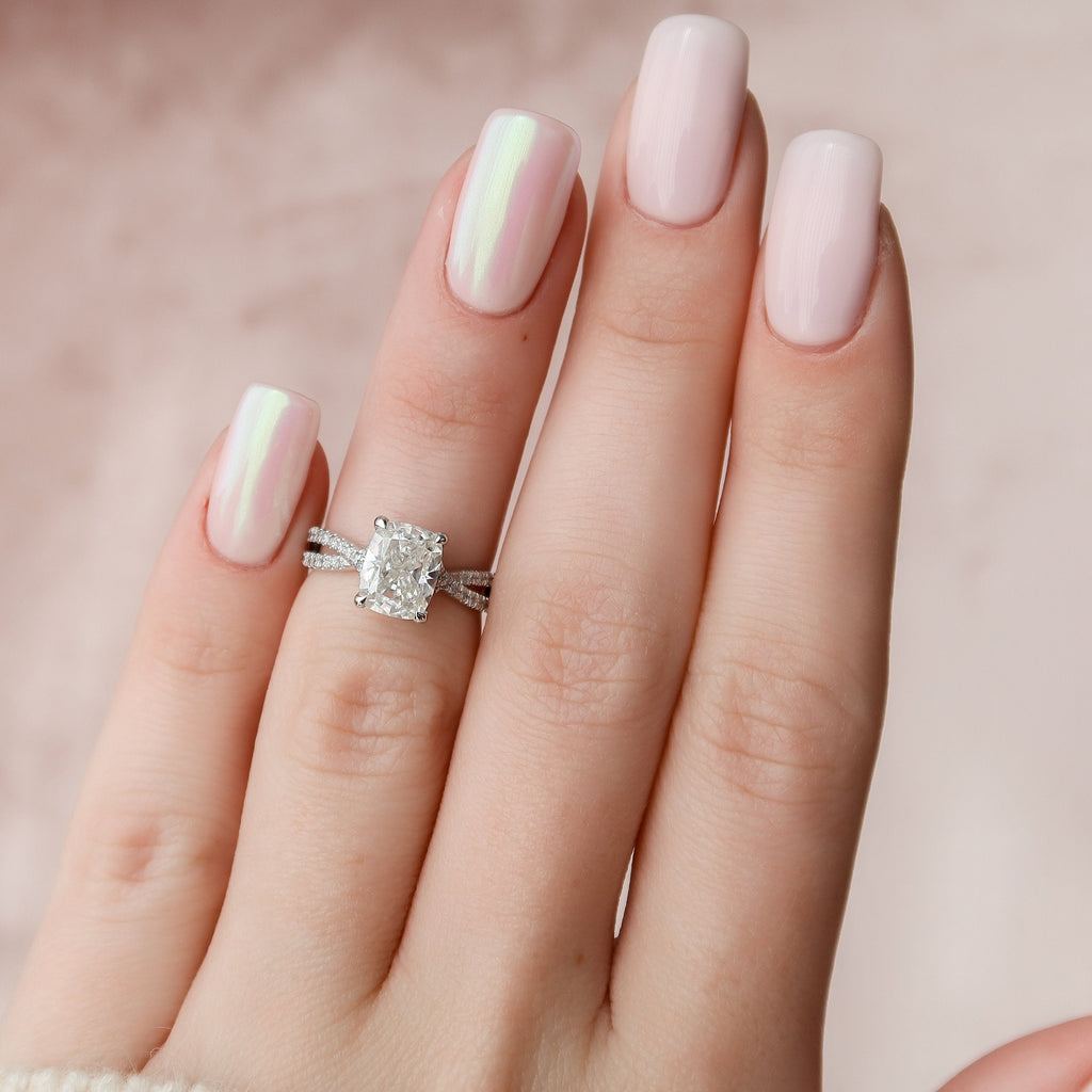 2.0 CT Cushion Cut Moissanite Split Shank Style Engagement Ring
