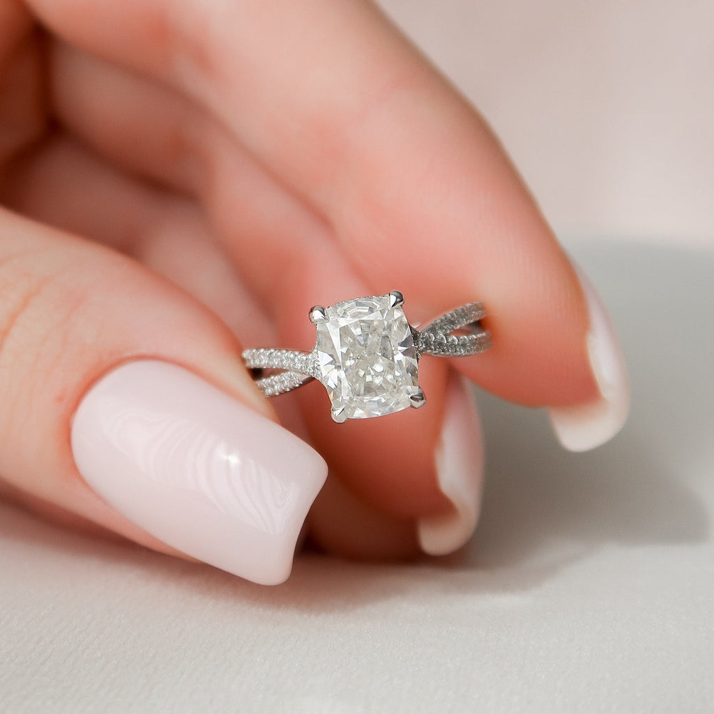 2.0 CT Cushion Cut Moissanite Split Shank Style Engagement Ring