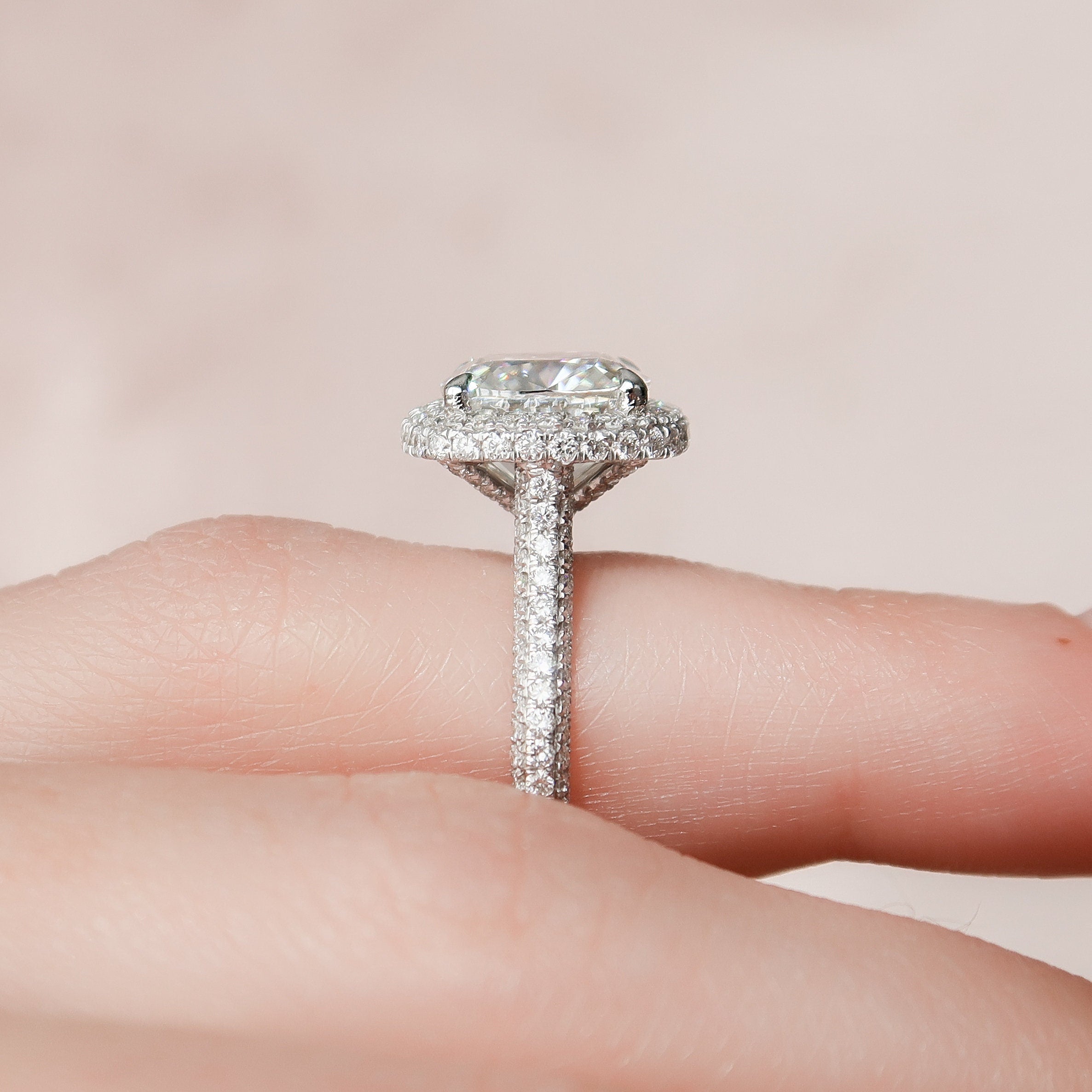 4.0 CT Cushion Moissanite Halo Triple Pave Setting Engagement Ring