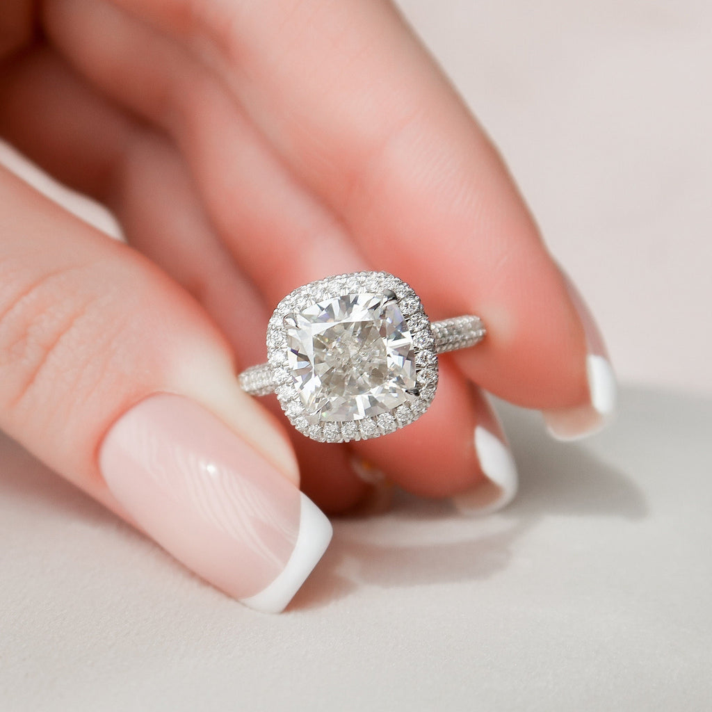 4.0 CT Cushion Moissanite Halo Triple Pave Setting Engagement Ring