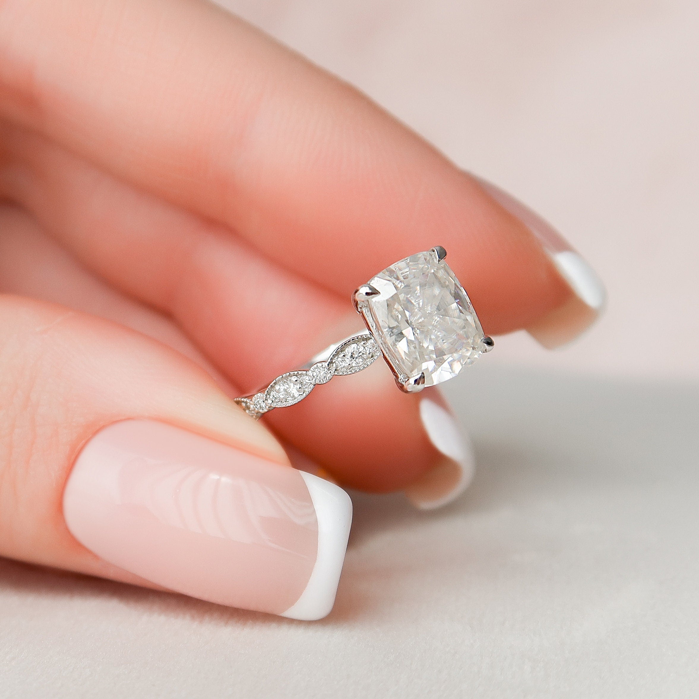 2.50 CT Elongated Cushion Moissanite milgrain Setting Engagement Ring