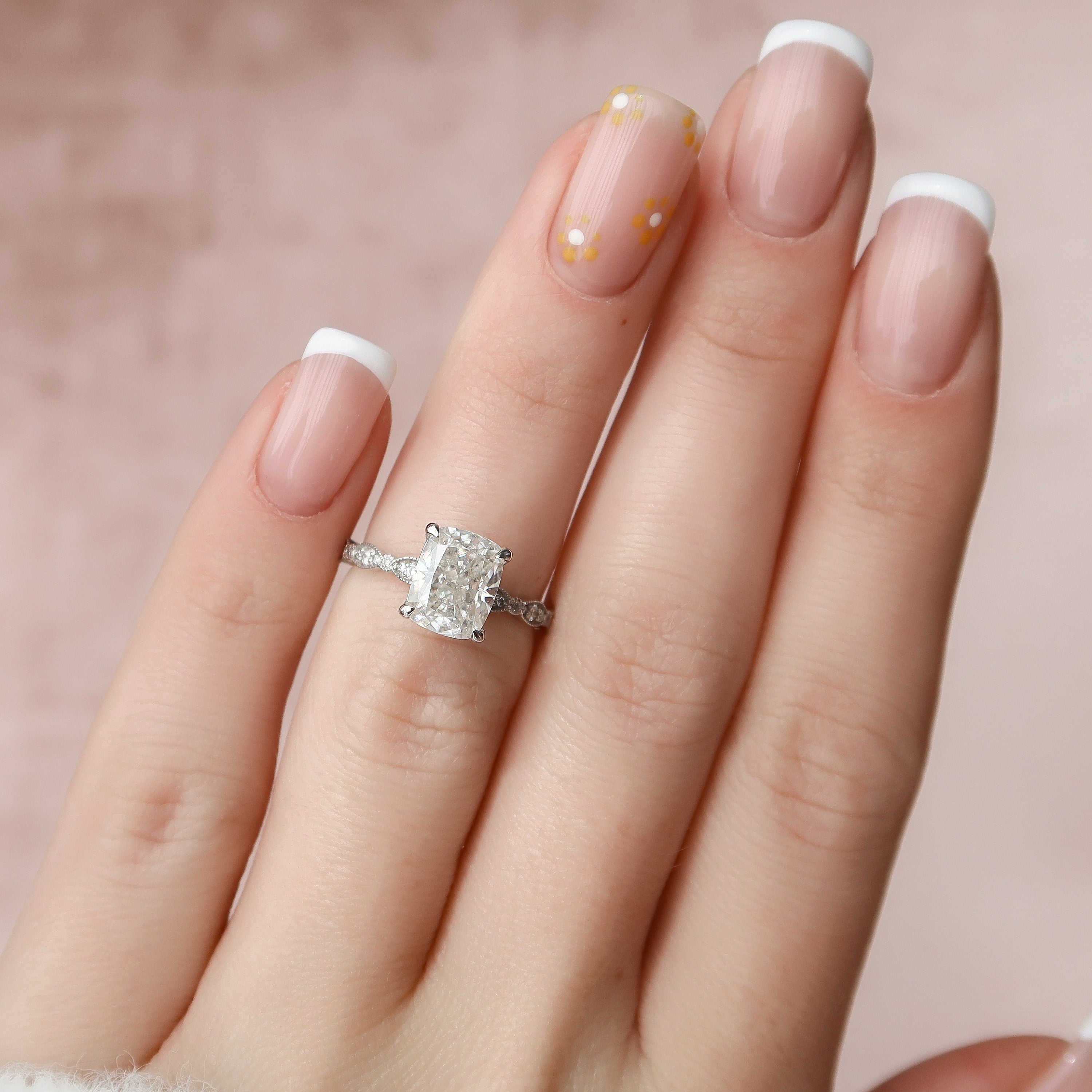 2.50 CT Elongated Cushion Moissanite milgrain Setting Engagement Ring