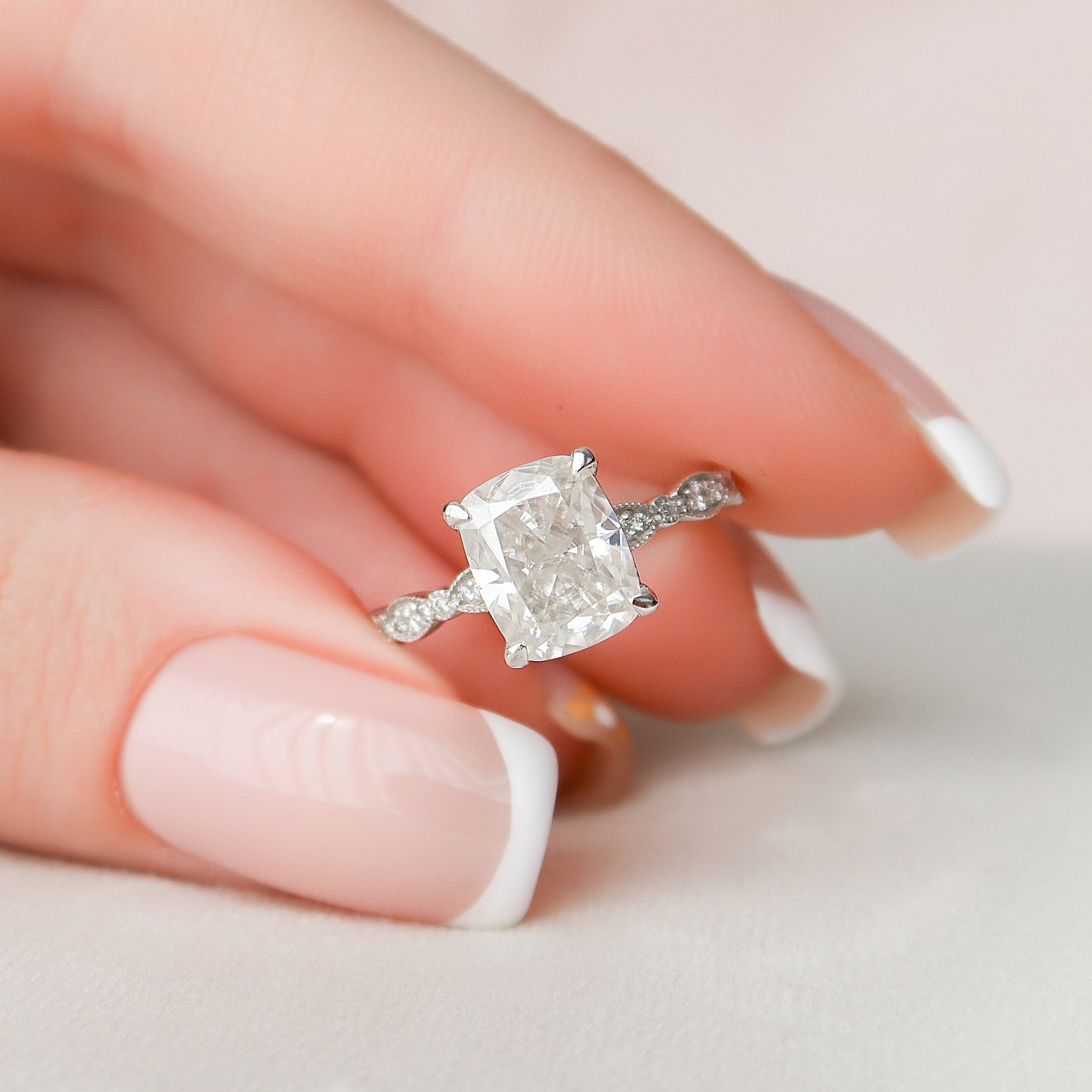 2.50 CT Elongated Cushion Moissanite milgrain Setting Engagement Ring