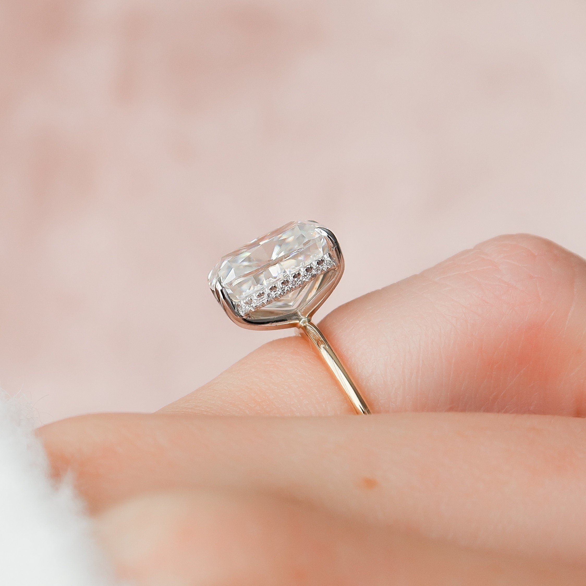 4.0 CT Elongated Cushion Moissanite Hidden Halo Setting Engagement Ring