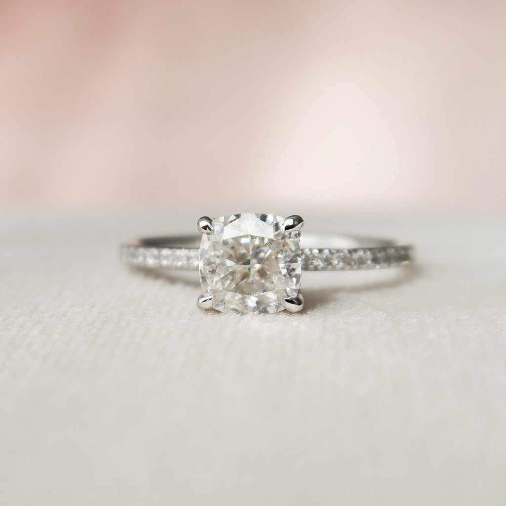 1.0 CT Cushion Hidden Halo Style Moissanite Engagement Ring