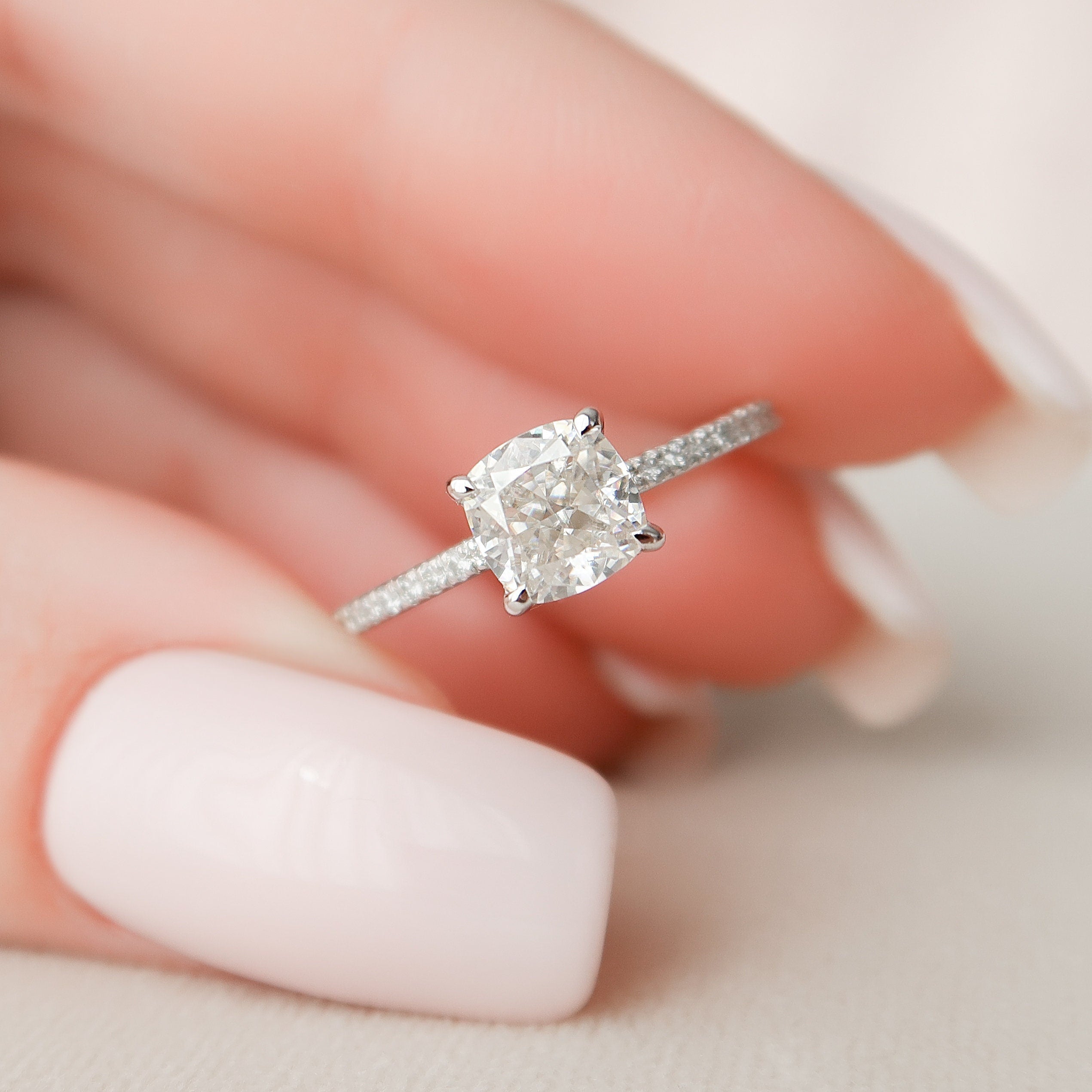 1.0 CT Cushion Hidden Halo Style Moissanite Engagement Ring