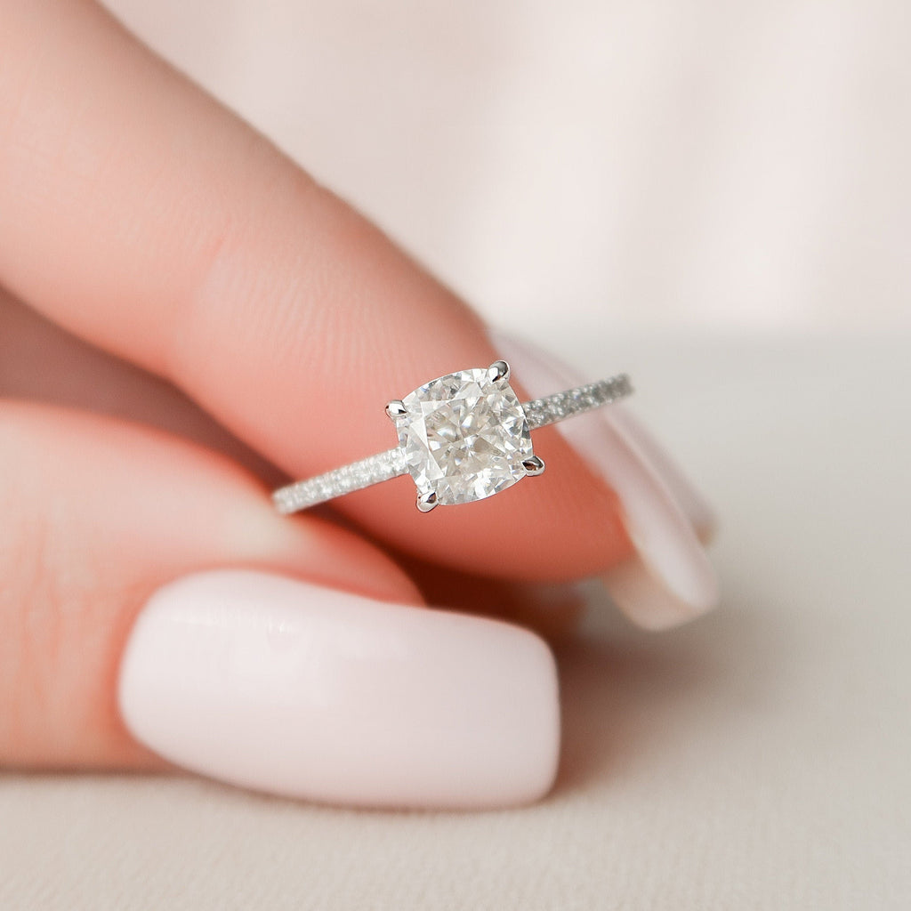 1.0 CT Cushion Hidden Halo Style Moissanite Engagement Ring
