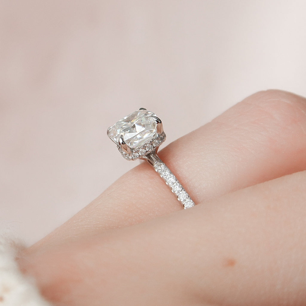 1.50 CT Cushion Cut Hidden Halo Pave Style Moissanite Engagement Ring