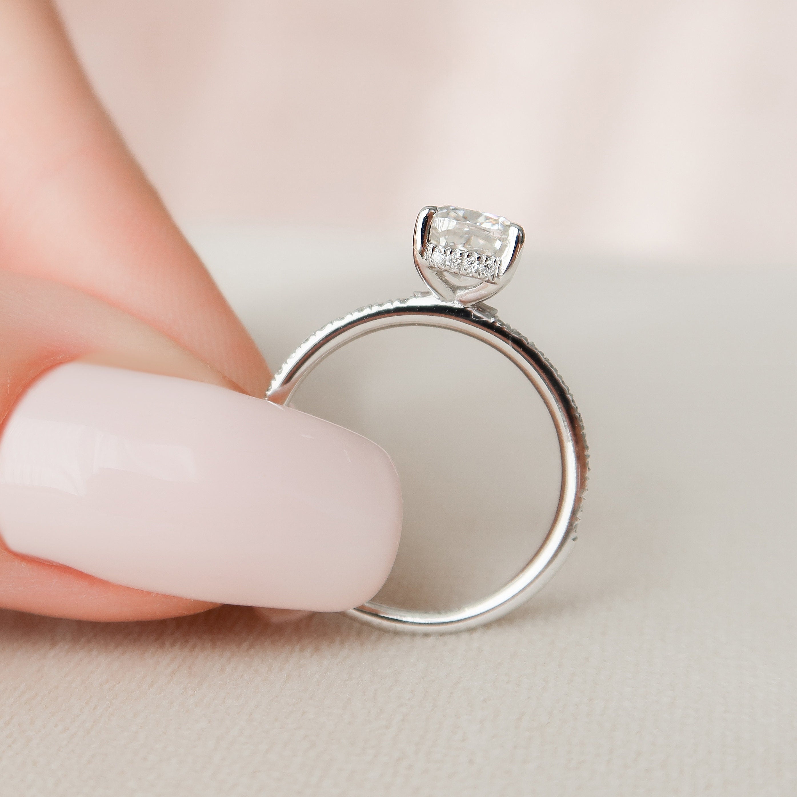 1.0 CT Cushion Hidden Halo Style Moissanite Engagement Ring