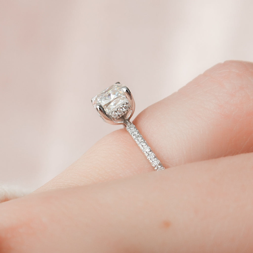 1.0 CT Cushion Hidden Halo Style Moissanite Engagement Ring