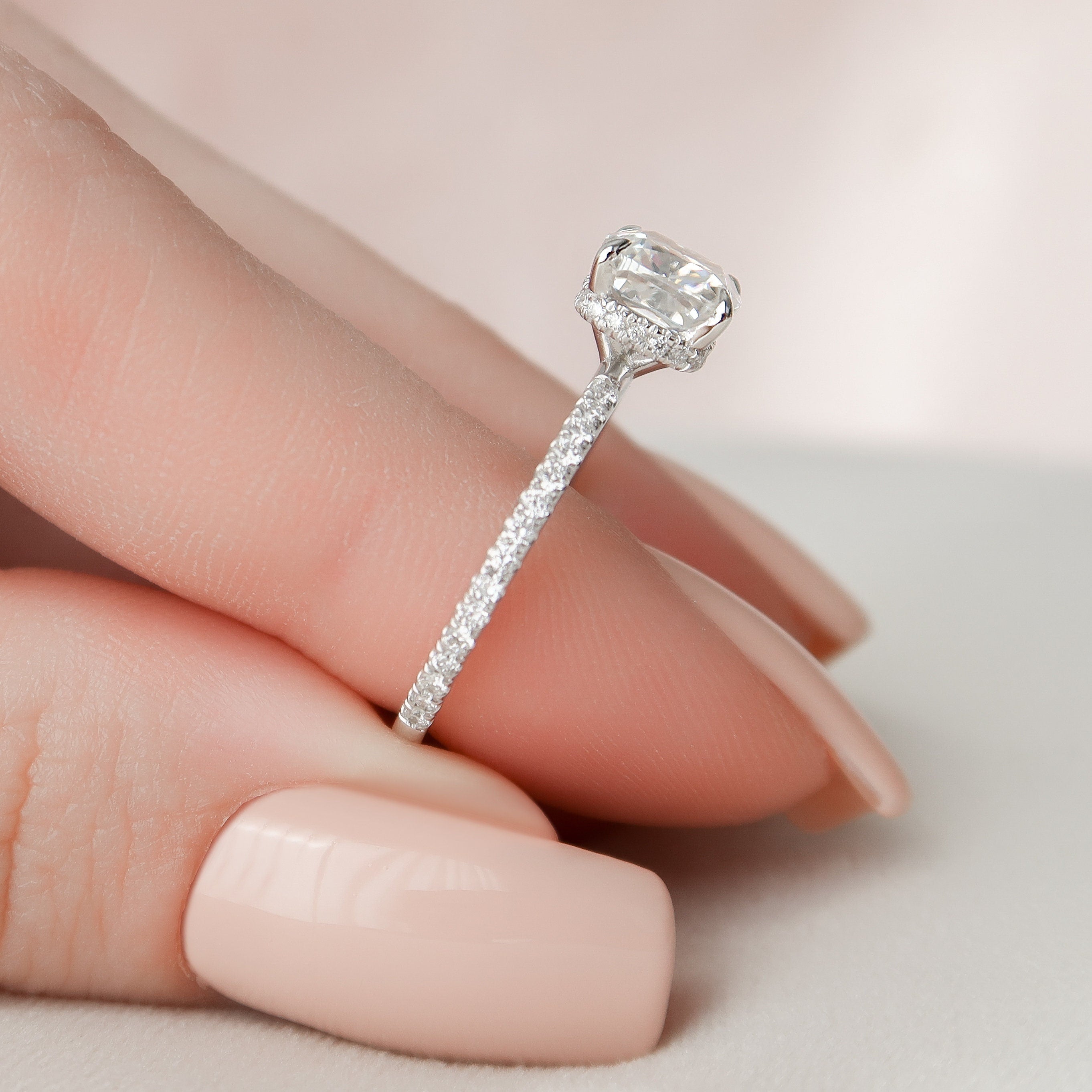 1.50 CT Cushion Cut Hidden Halo Pave Style Moissanite Engagement Ring