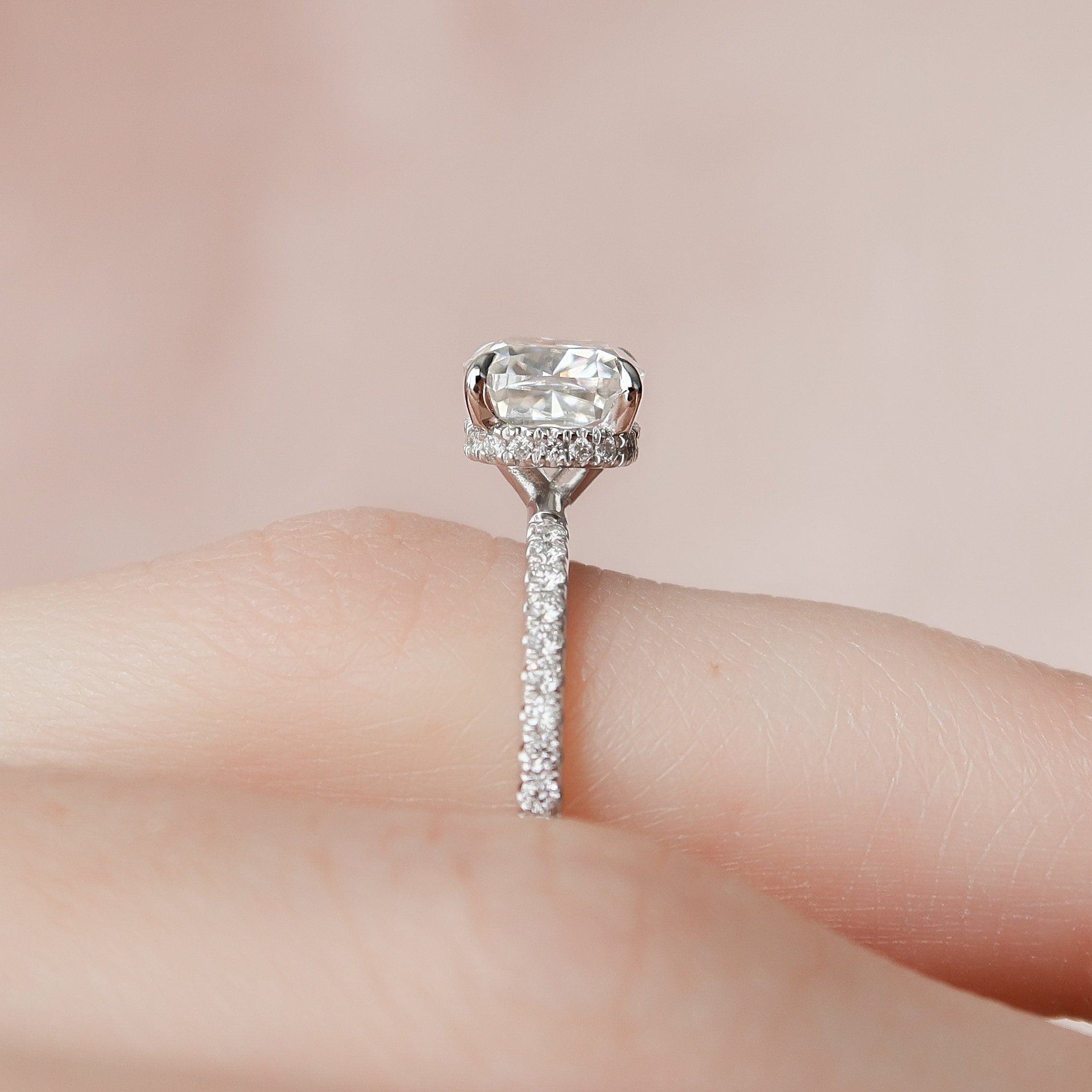 1.50 CT Cushion Cut Hidden Halo Pave Style Moissanite Engagement Ring