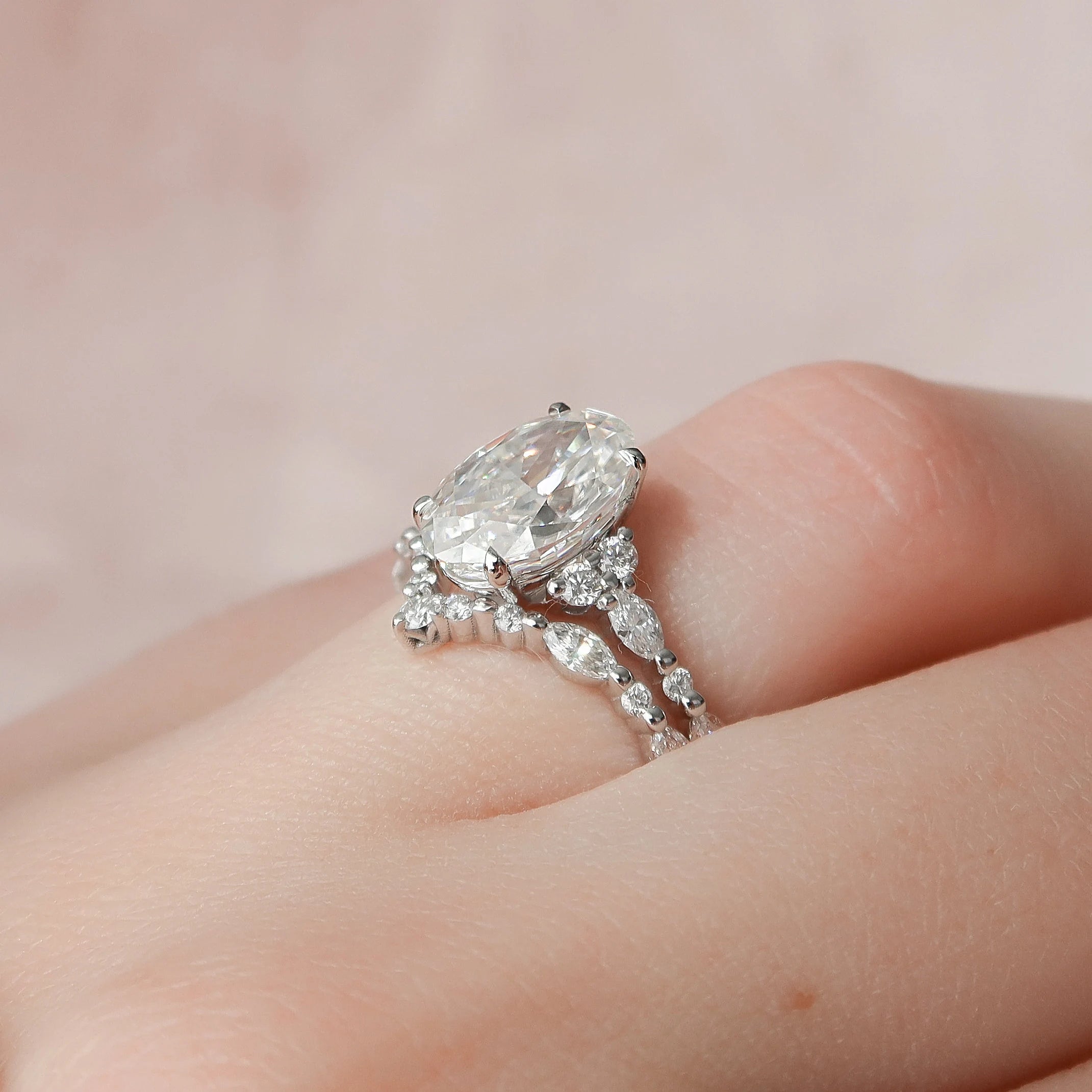 3.0CT Oval Cut Moissanite Cluster Bridal Ring Set