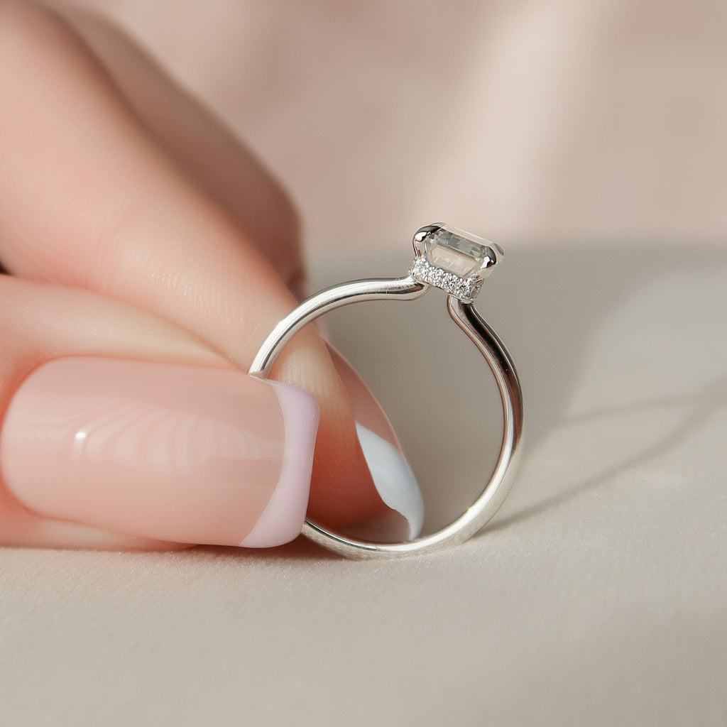 1.50 CT Emerald Cut Hidden Halo Style Moissanite Engagement Ring