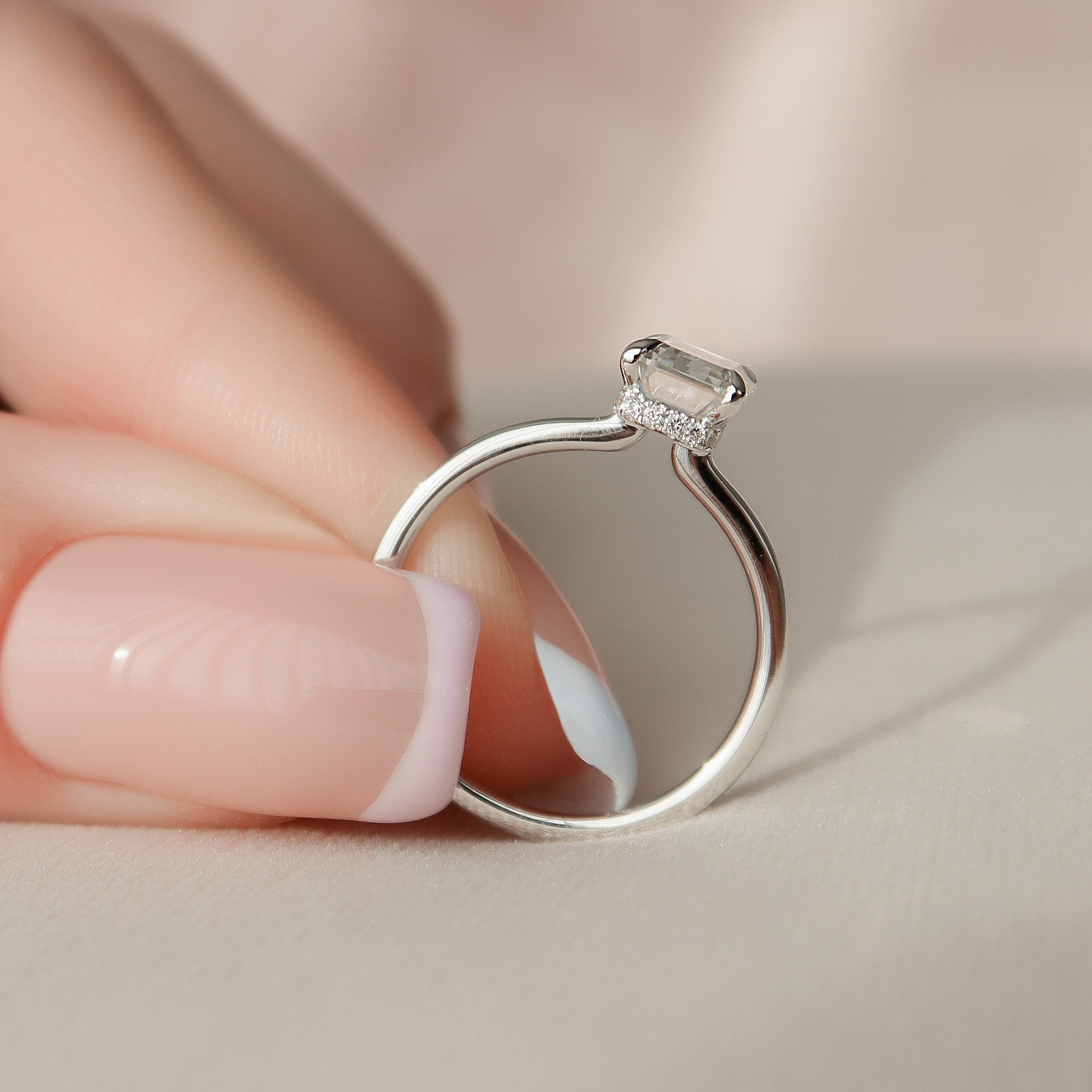 1.50 CT Emerald Cut Hidden Halo Style Moissanite Engagement Ring
