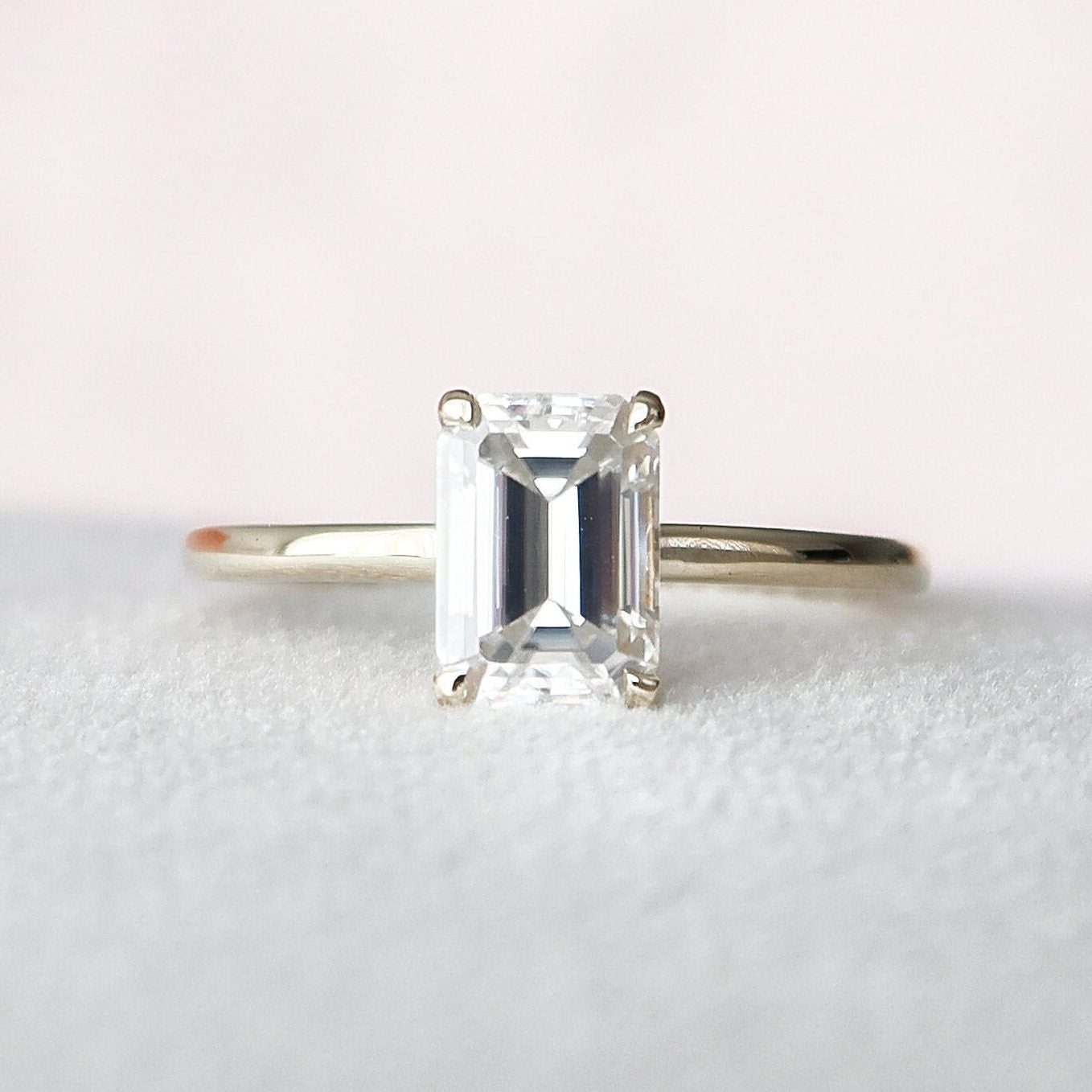 1.50 CT Emerald Cut Hidden Halo Style Moissanite Engagement Ring