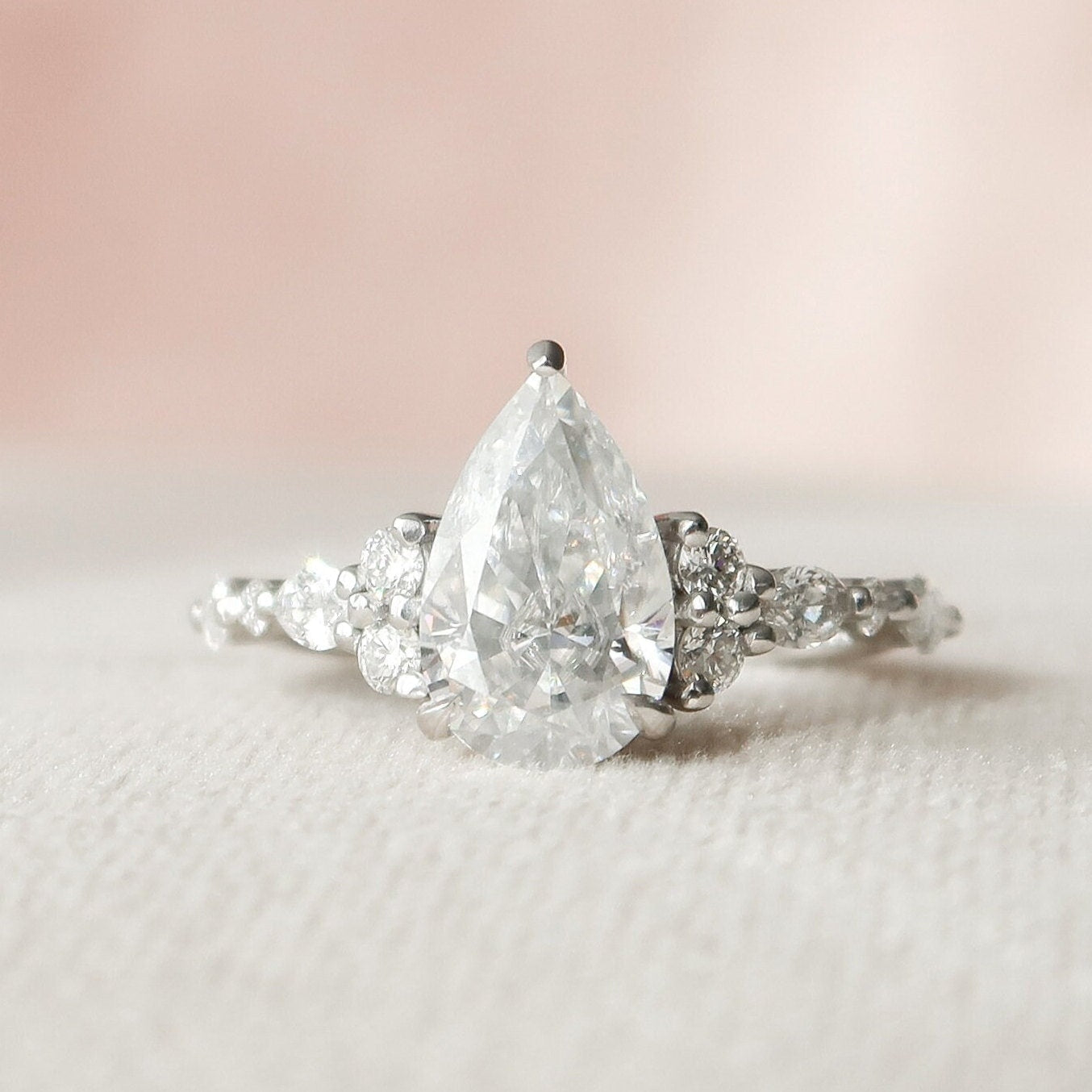 1.50 CT Pear Shaped Moissanite Cluster Engagement Ring