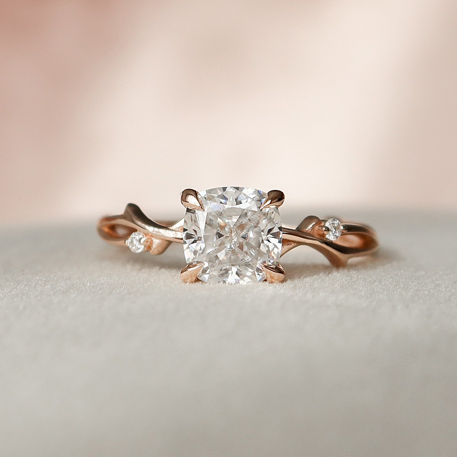 1.50 CT Cushion Cut Nature Inspired Moissanite Engagement Ring